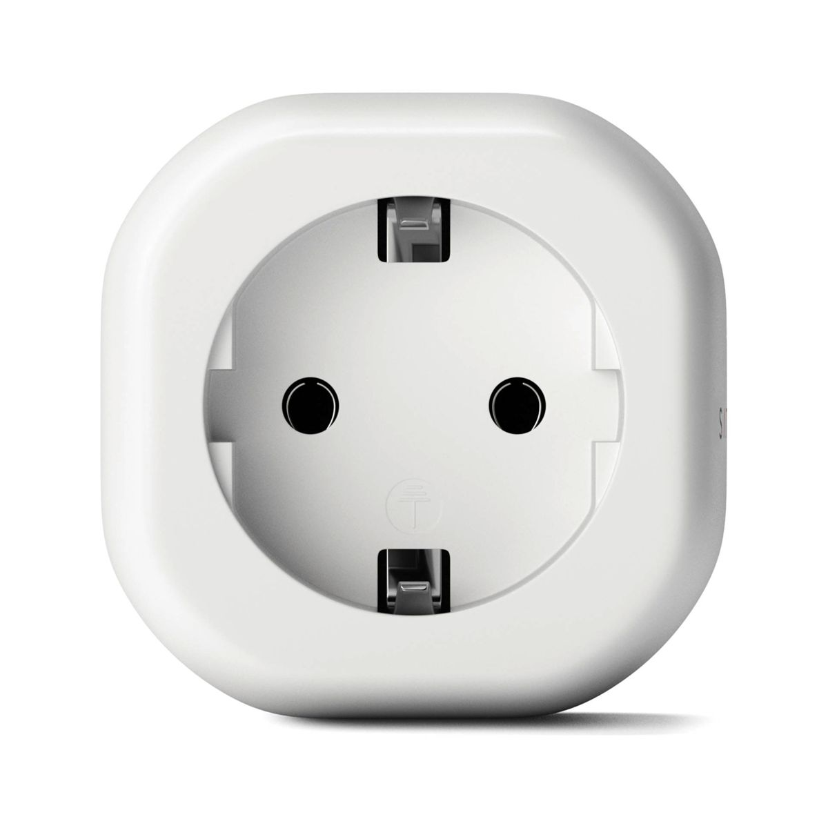 Weißer Smart Plug, quadratisch, mit zwei Löchern für Stecker und zwei Metallstiften.