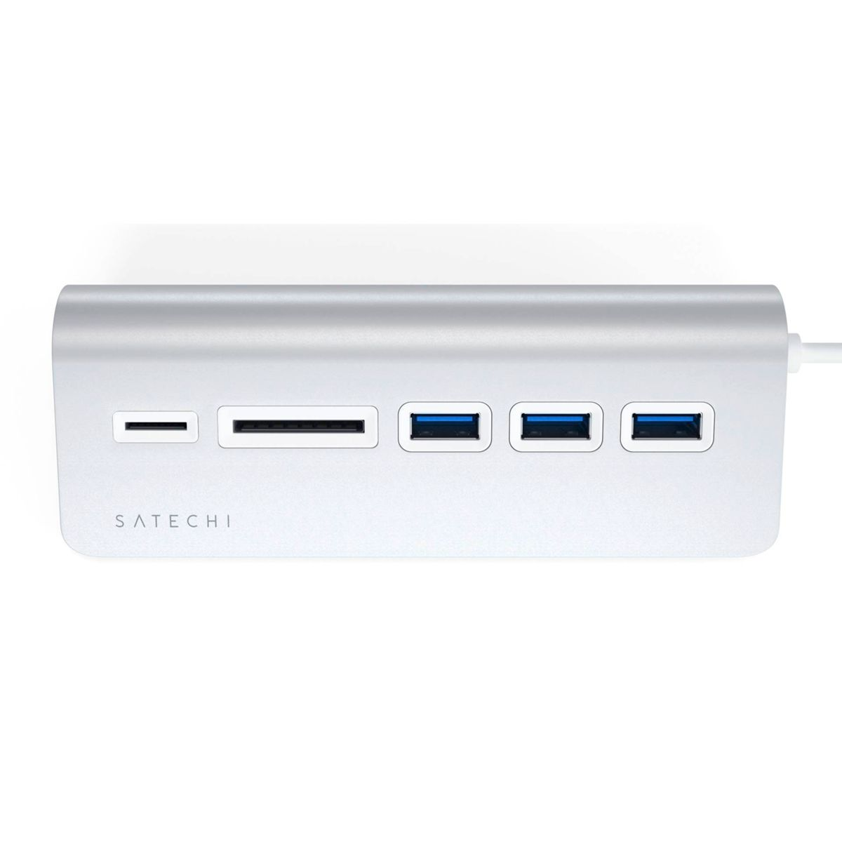 Srebrny hub USB z gniazdem kart SD i trzema portami USB na białym tle.