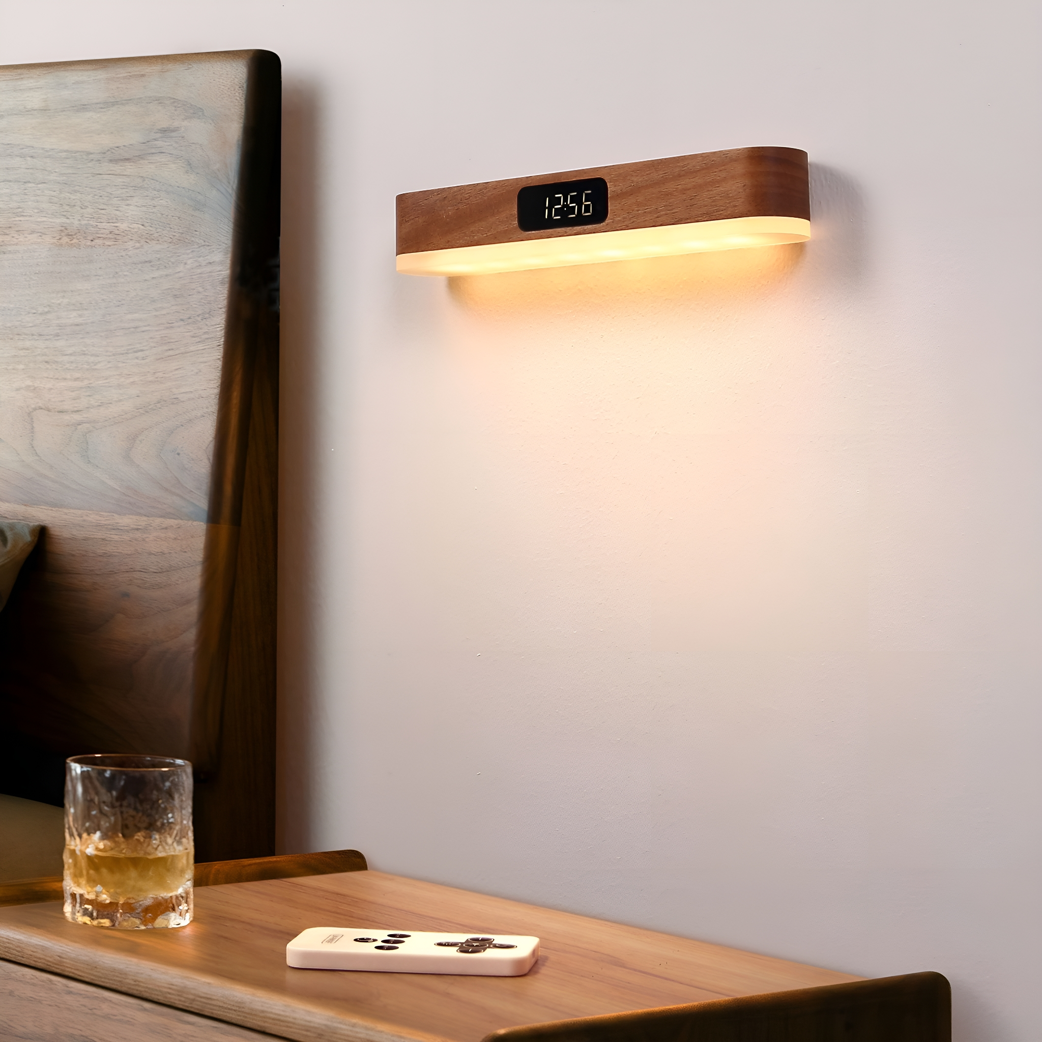 Hölzerne Wandlampe mit Digitaluhr, beleuchtet Nachttisch. Glas mit Flüssigkeit, Fernbedienung.