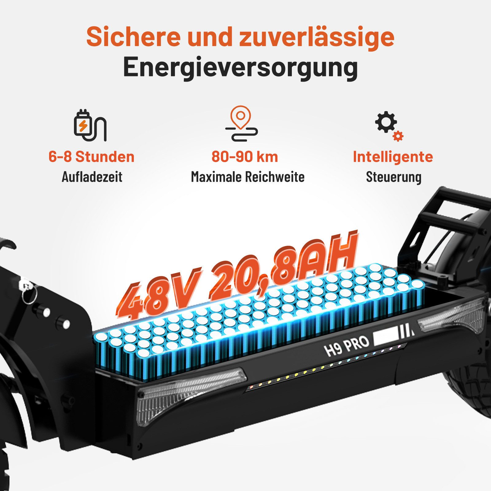 Ein Elektroroller mit Text über Laden und Reichweite.
