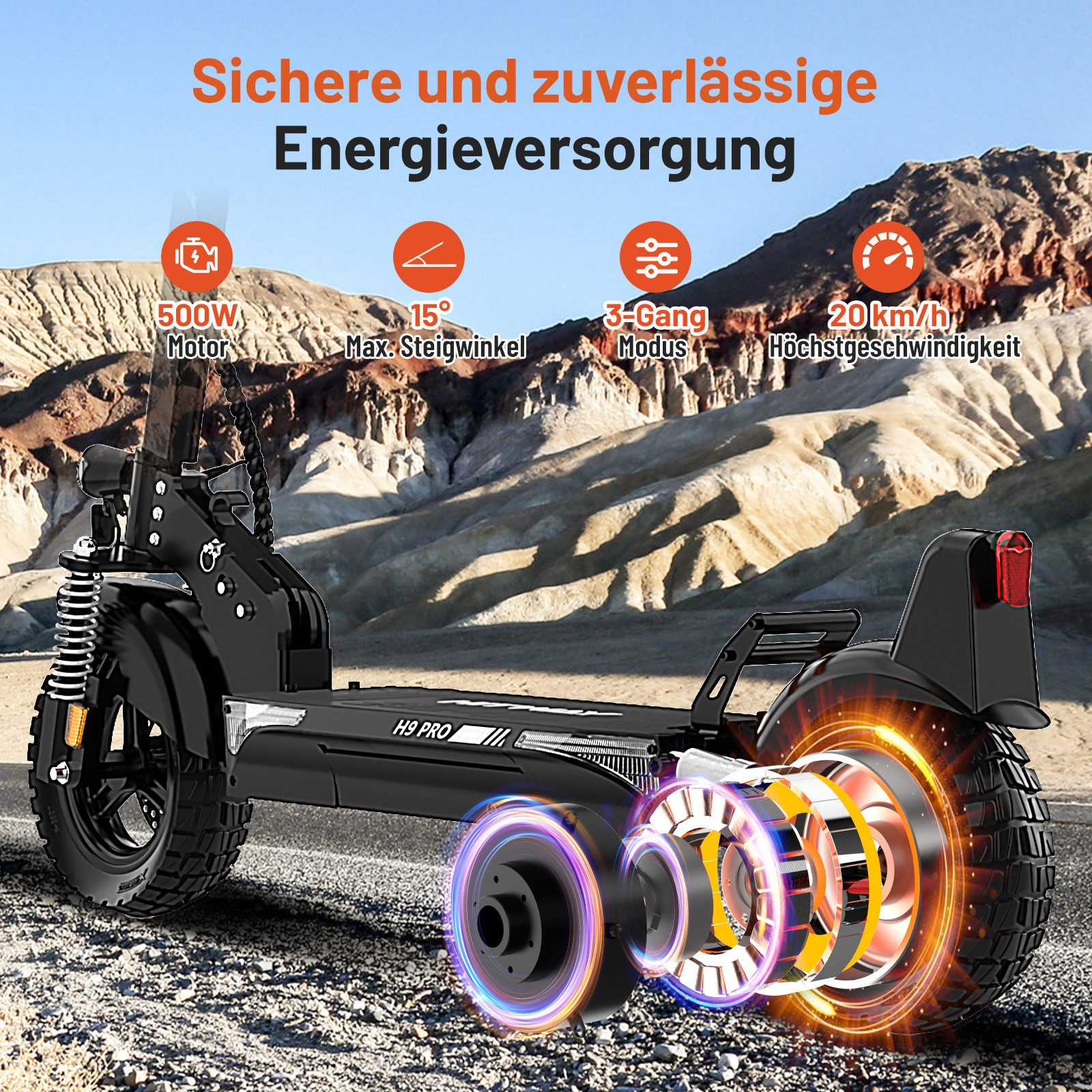 Schwarzer Elektroroller mit Spezifikationen: 500W Motor, 15° Steigung, 20km/h.