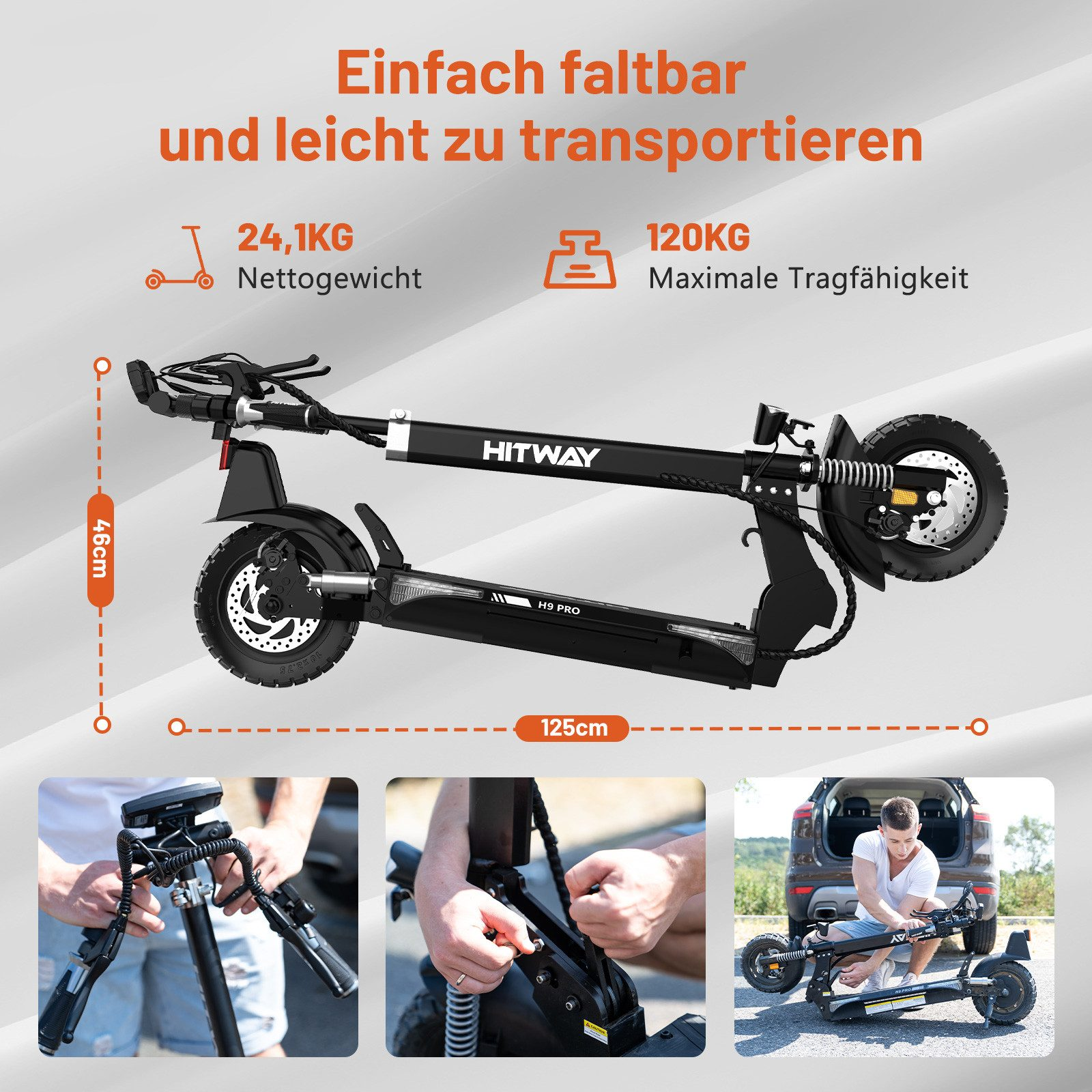 Schwarz-silberner Elektroroller mit Maßen und Details, weißer Hintergrund.