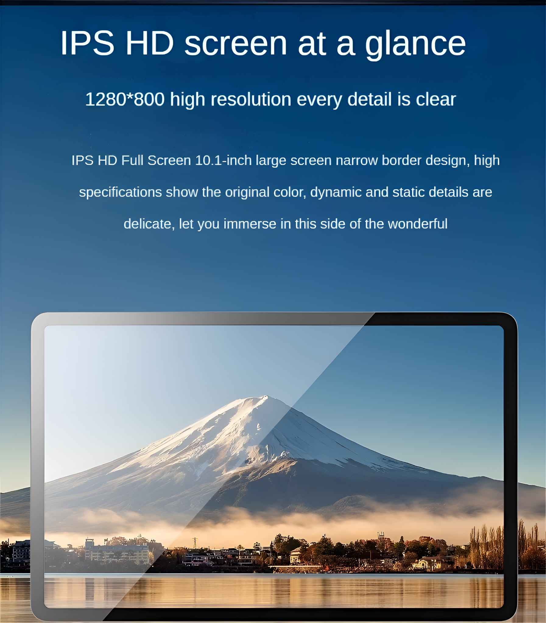 Ein Tablet-Bildschirm mit Berglandschaft und Textüberlagerung.