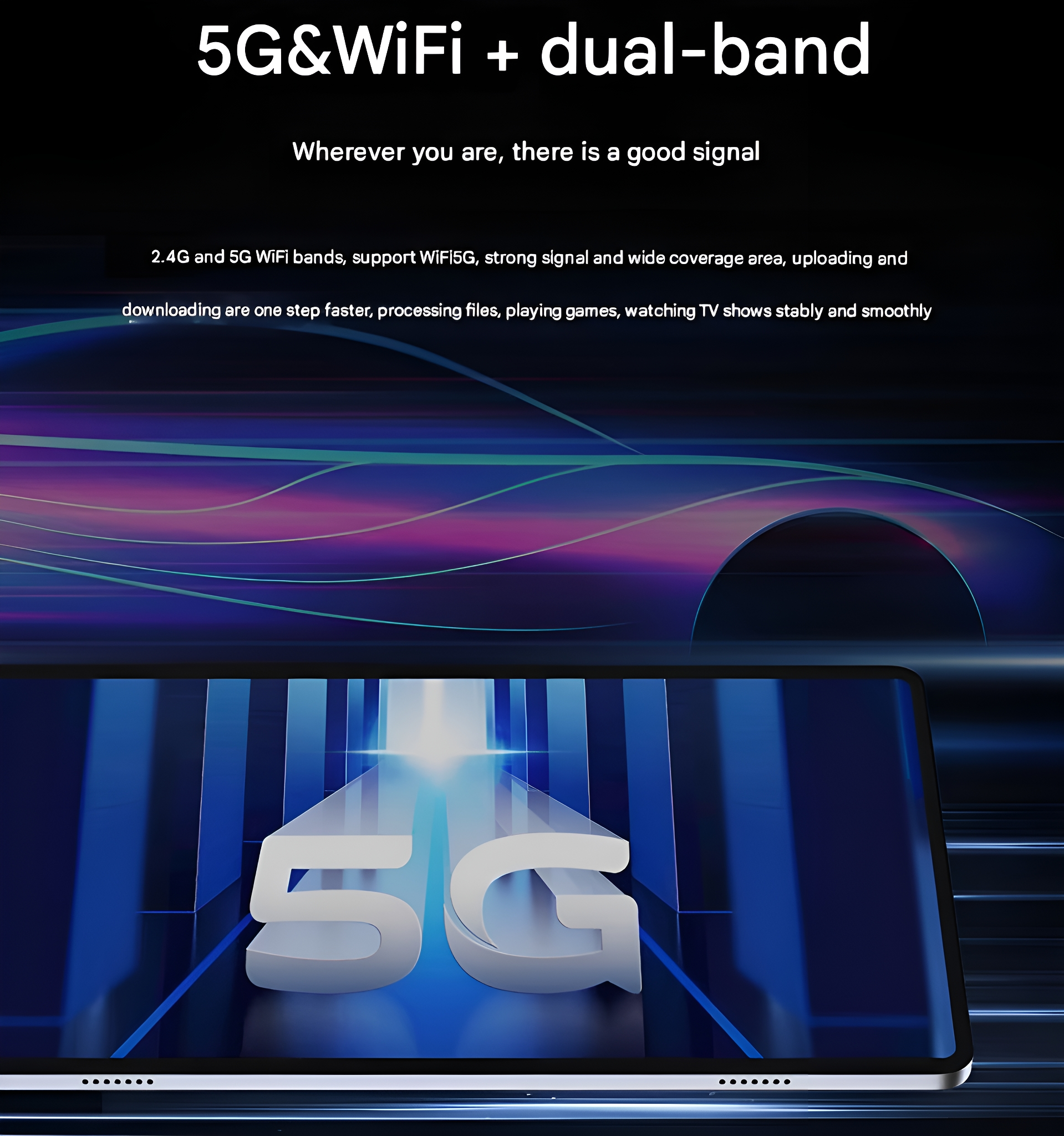 Ein Tablet-Bildschirm mit 5G, über einem verschwommenen Hintergrund. Text oben liest sich "5G&WiFi + Dualband".