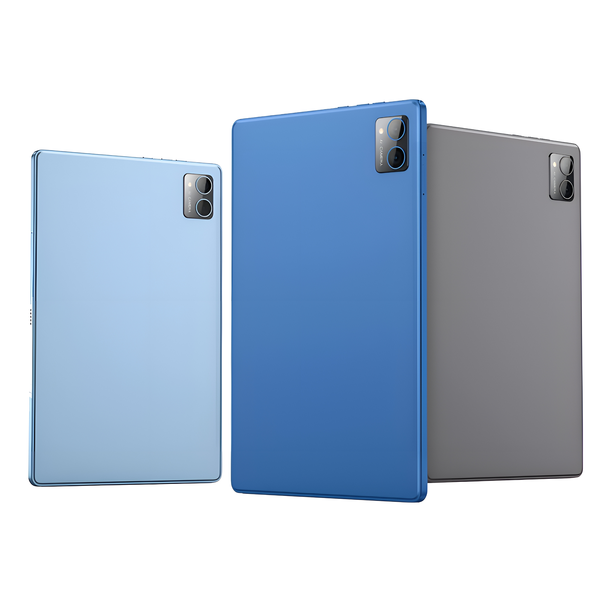 Drei Tablets, blau, grau und hellblau, auf weißem Hintergrund.