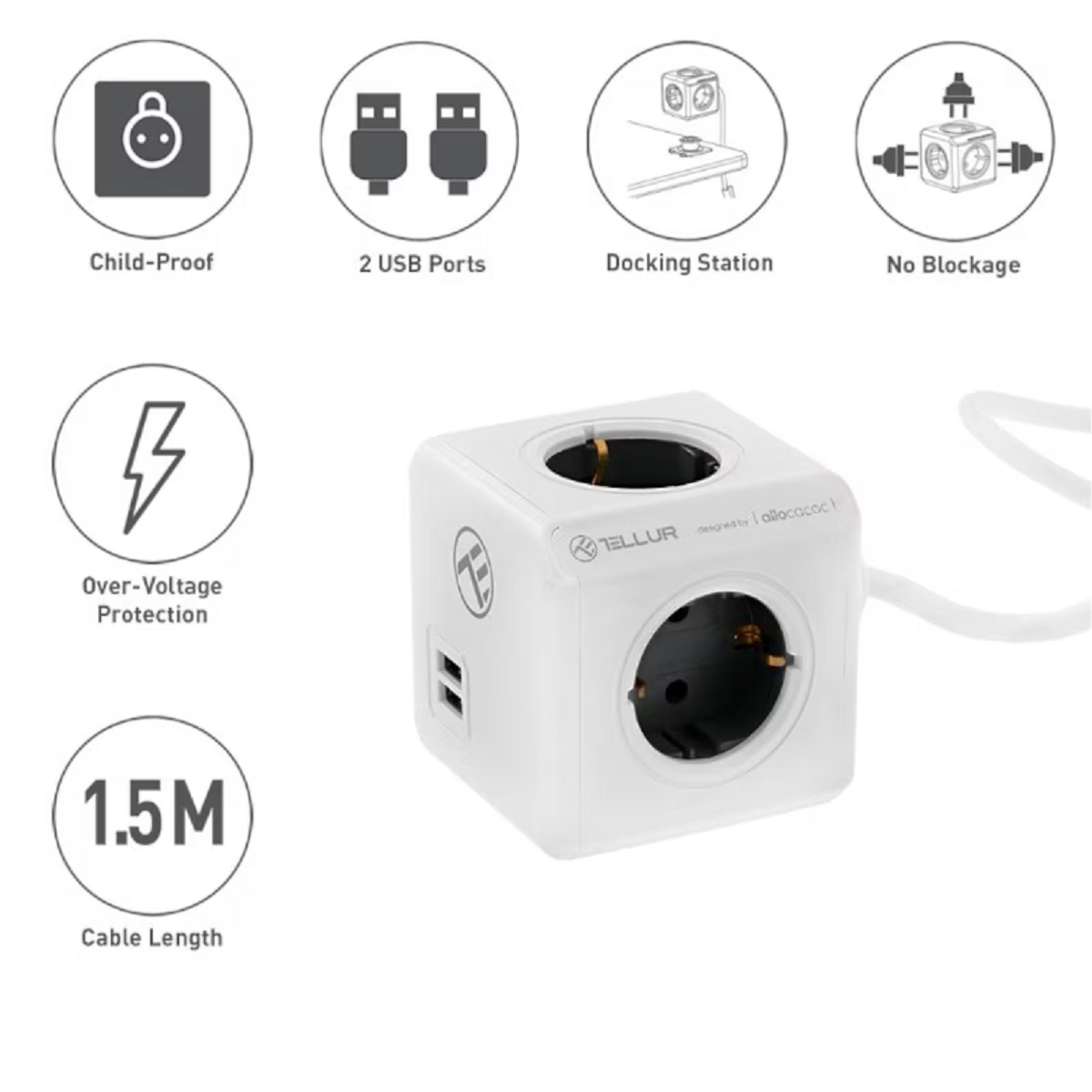 Biała kostka zasilająca z wieloma portami USB, kablem i ikonami bezpieczeństwa.