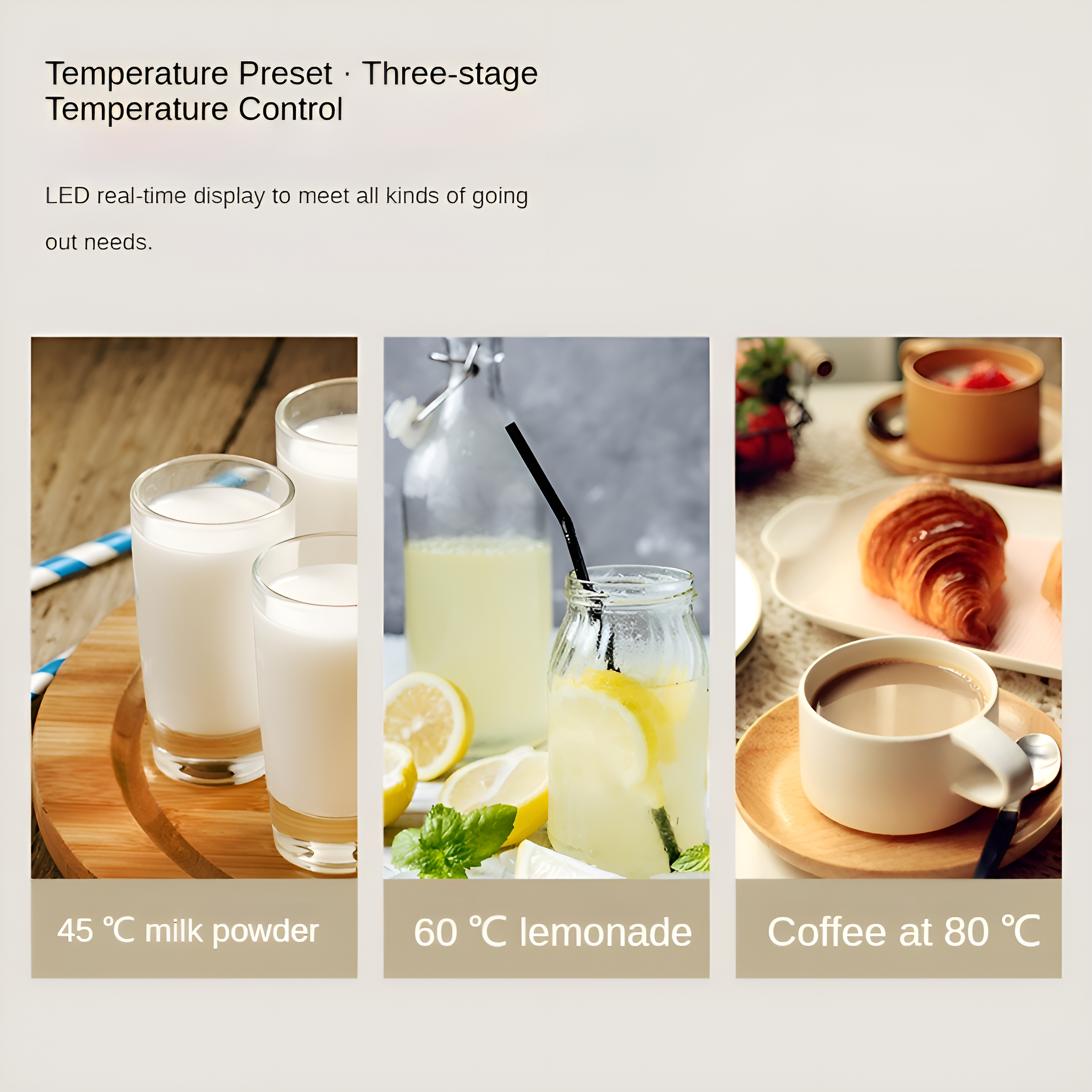 Drei Bilder: Milch, Limonade mit Zitronen und Kaffee. Text unten.