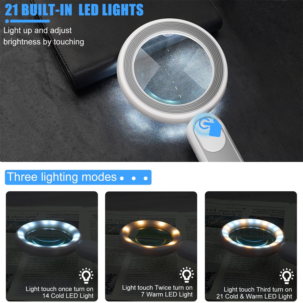 Lupe mit LED-Leuchten. Drei Beleuchtungsmodi: 14 kalt, 7 warm und 21 kalt & warm LEDs.