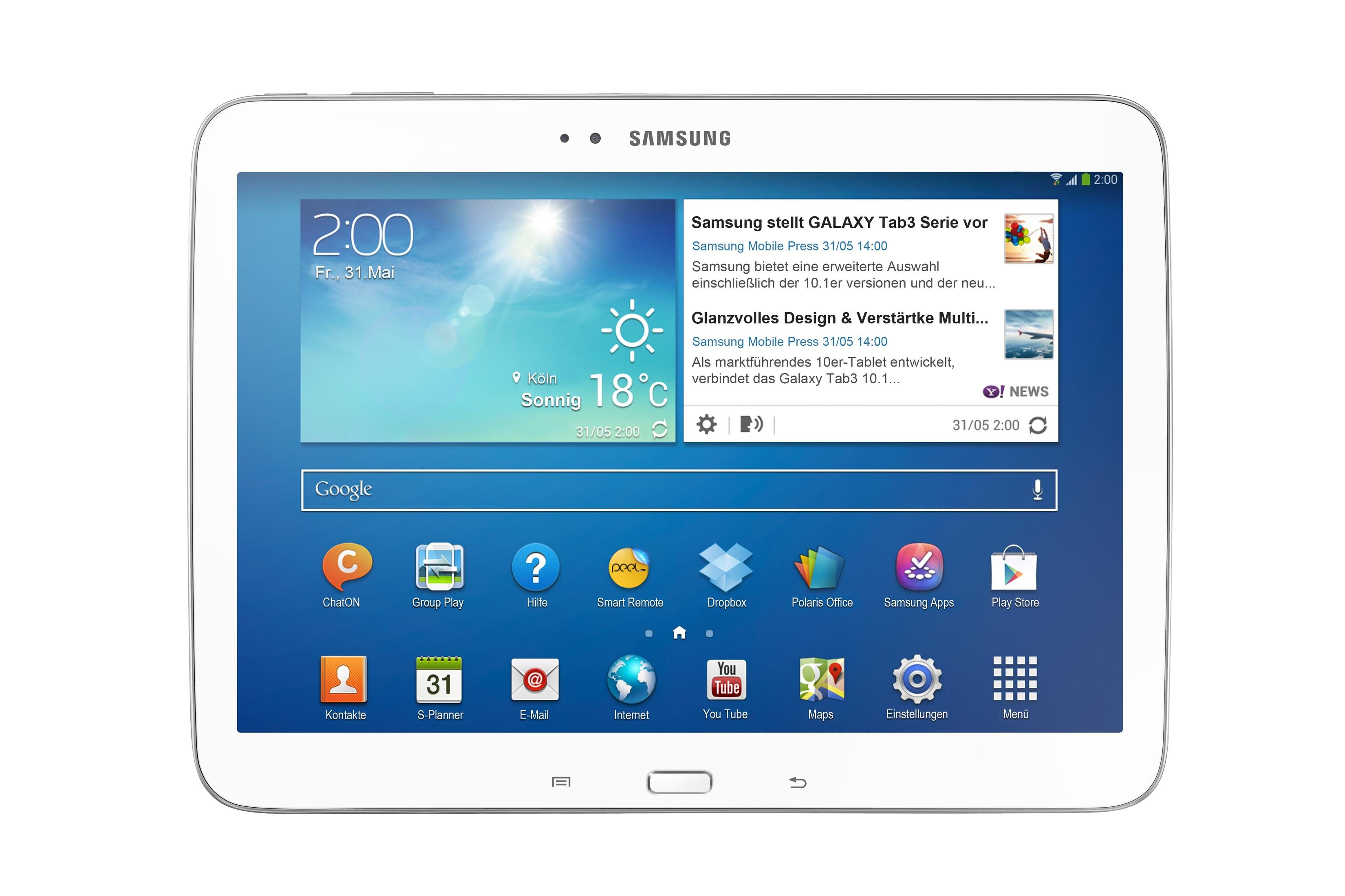 Ein weißes Samsung-Tablet, das einen Newsfeed und App-Symbole auf dem Bildschirm zeigt.