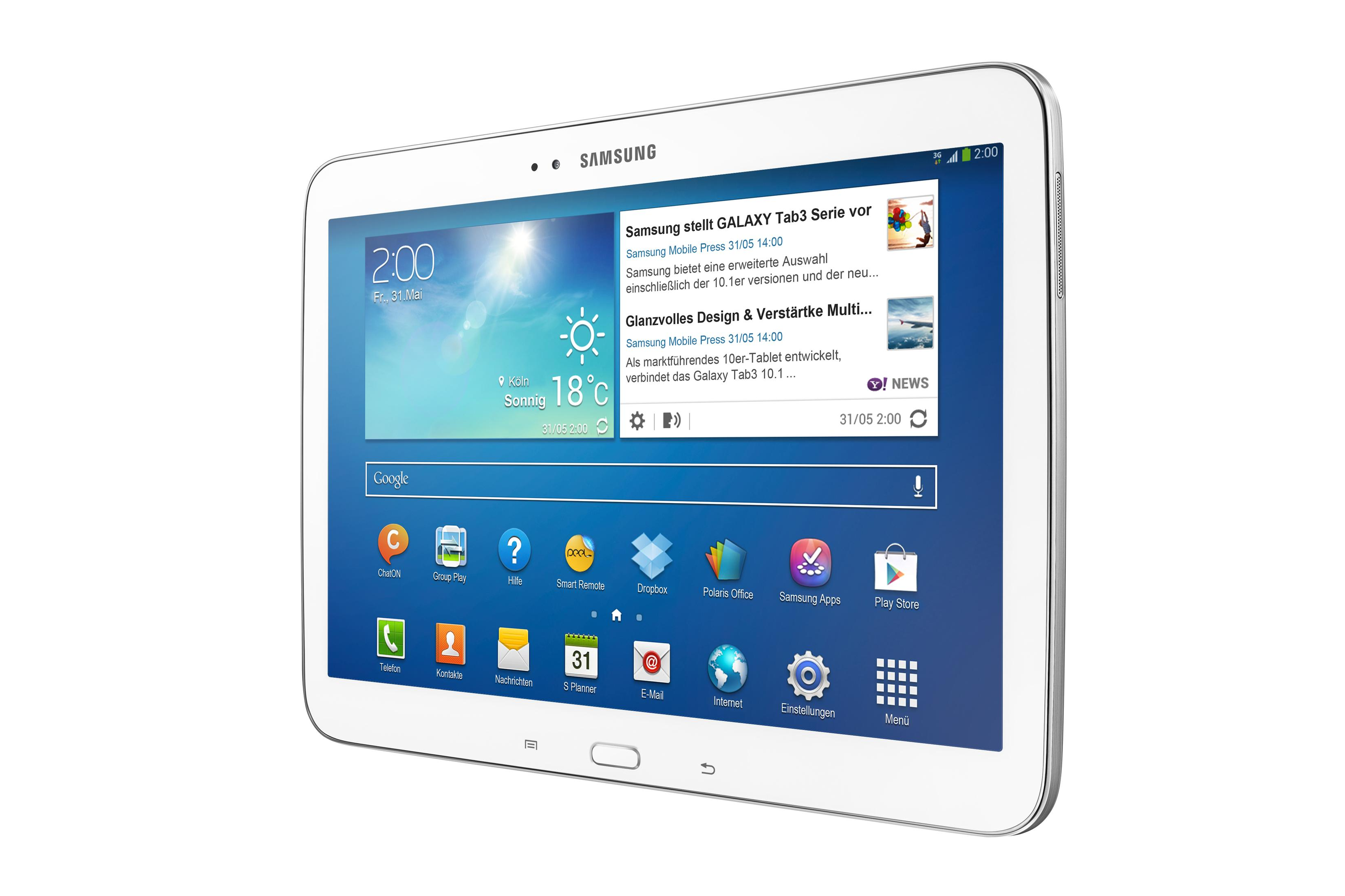 Ein weißes Samsung-Tablet, das einen Newsfeed und Wetterinformationen anzeigt.