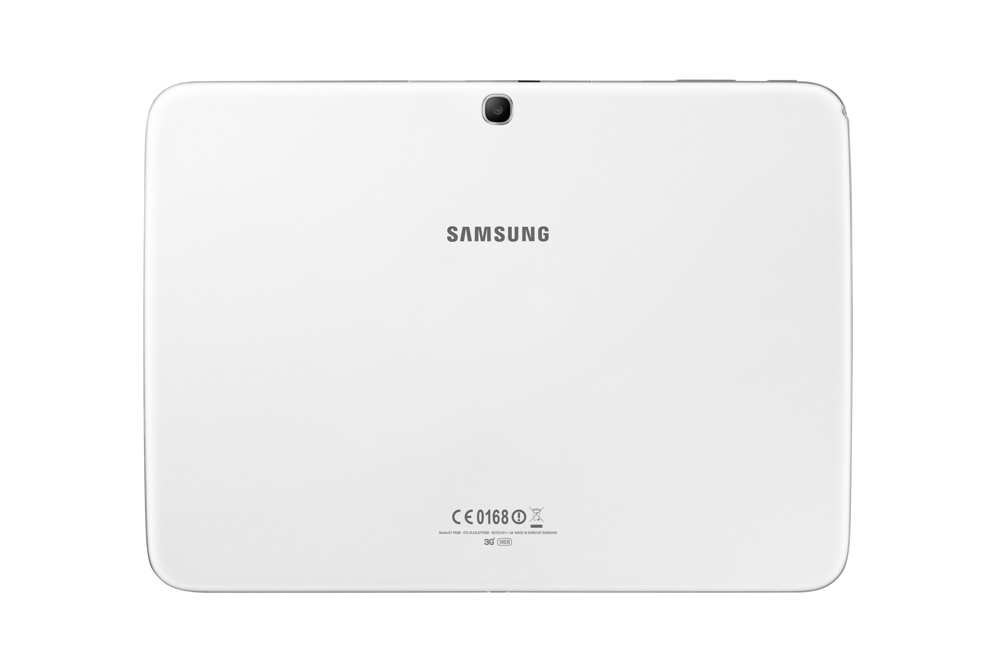 Rückseite eines weißen Samsung Tablets mit Samsung Logo und Modellinfo.