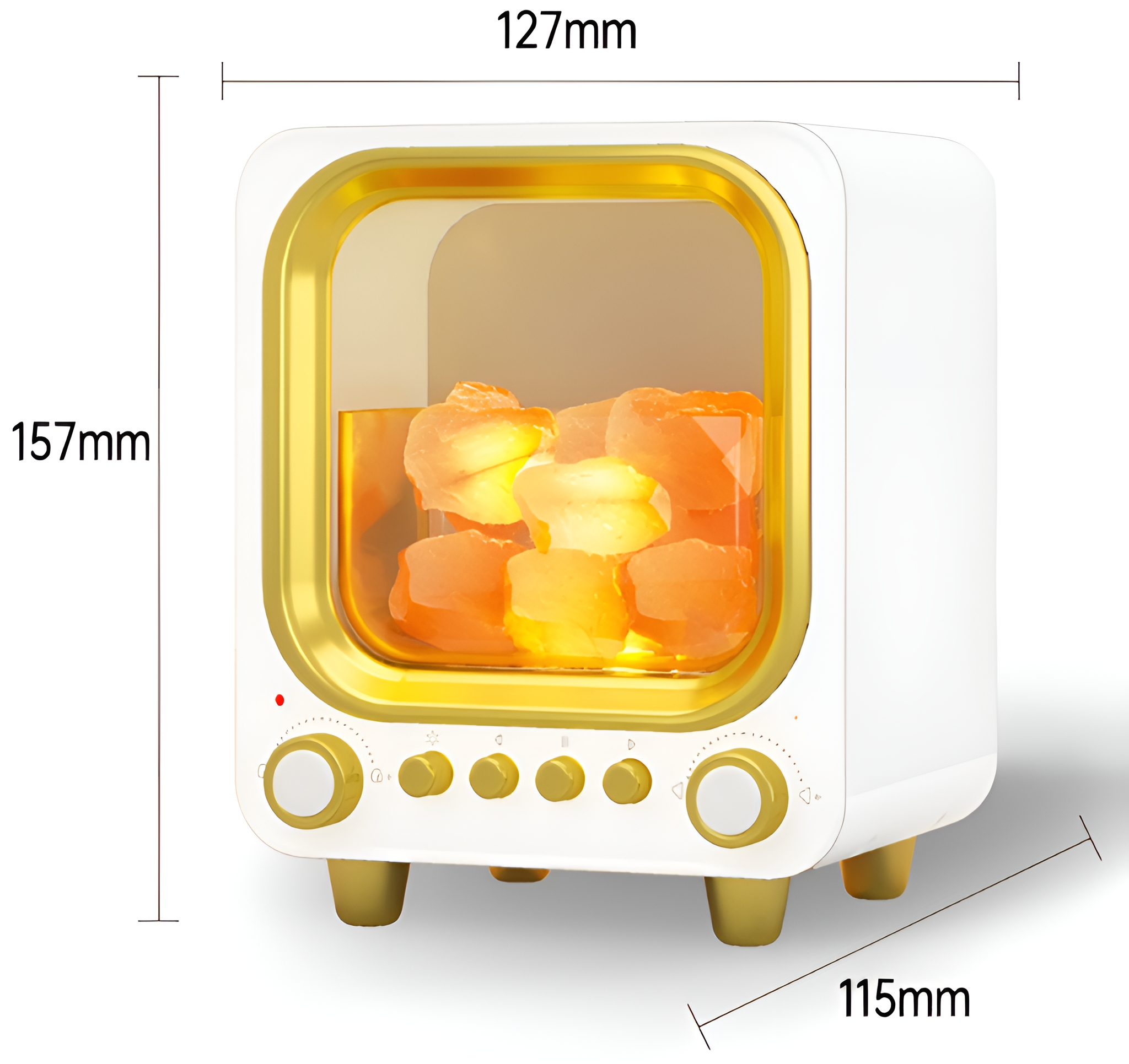 Ein weißes und goldenes Gerät im Retro-Stil mit Eiswürfeln im Inneren.