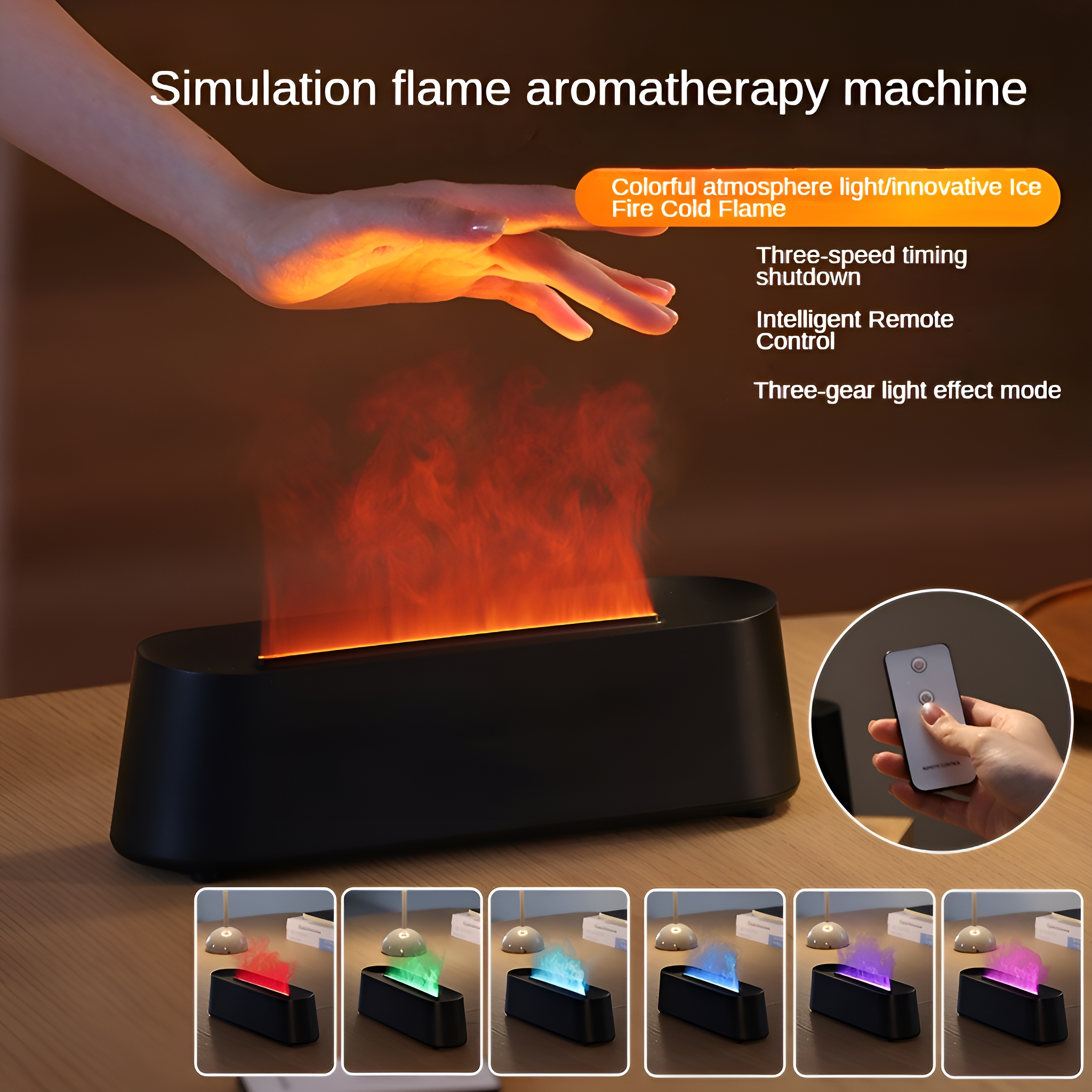 Eine schwarze Aromatherapie-Maschine mit Flammeneffekt und einer Hand, die sich danach ausstreckt.