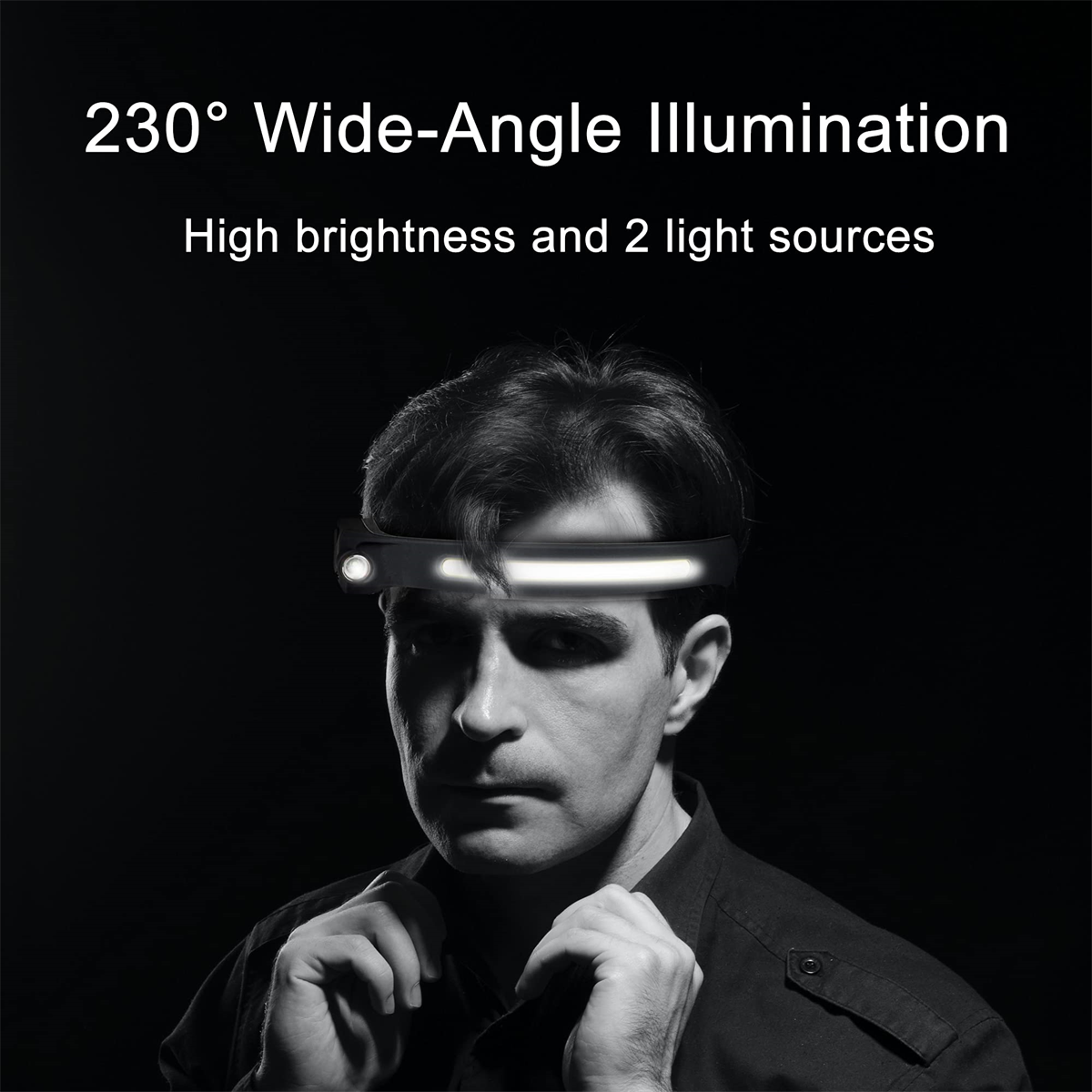 Mann mit Stirnlampe. Text: 230° Weitwinkelbeleuchtung.