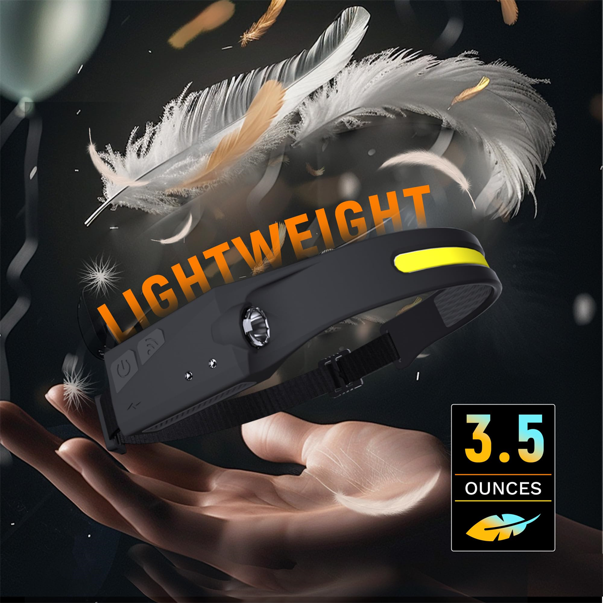 Stirnlampe in der Hand, mit dem Wort 'LIGHTWEIGHT' und Federn darum.