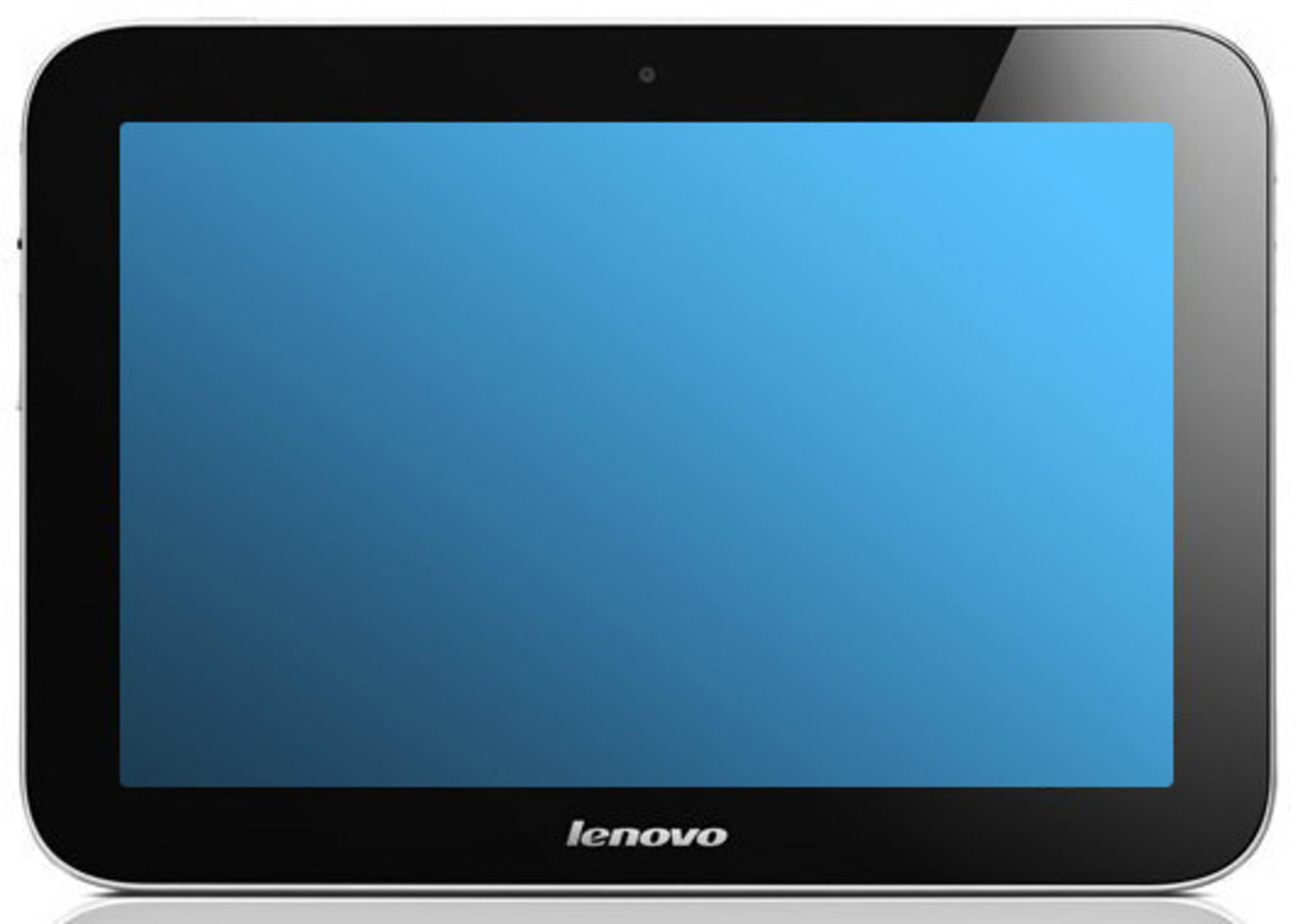 Ein Lenovo-Tablet mit schwarzem Rahmen und blauem Bildschirm. Der Bildschirm ist leer.