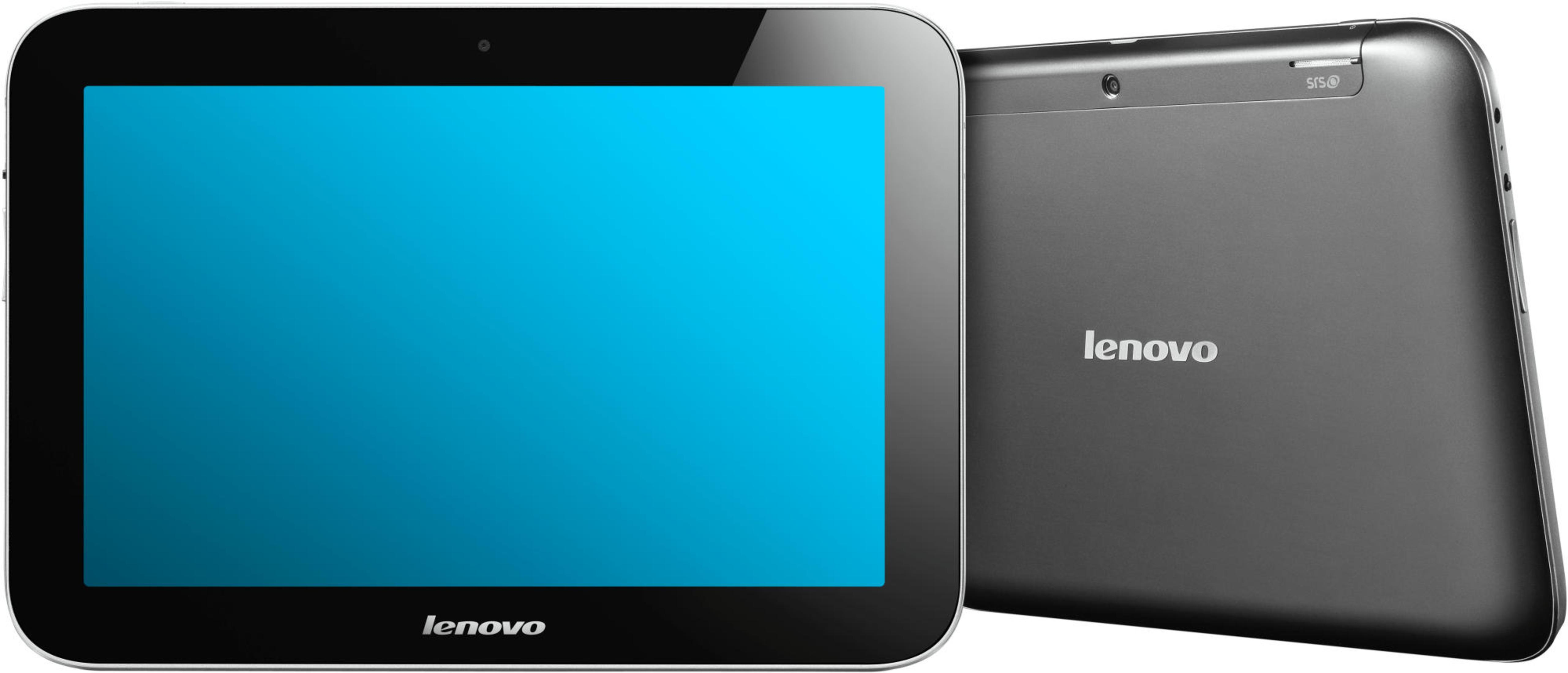 Ein schwarzes Tablet mit blauem Bildschirm, das auf einer weißen Oberfläche liegt, mit einer zweiten Ansicht.