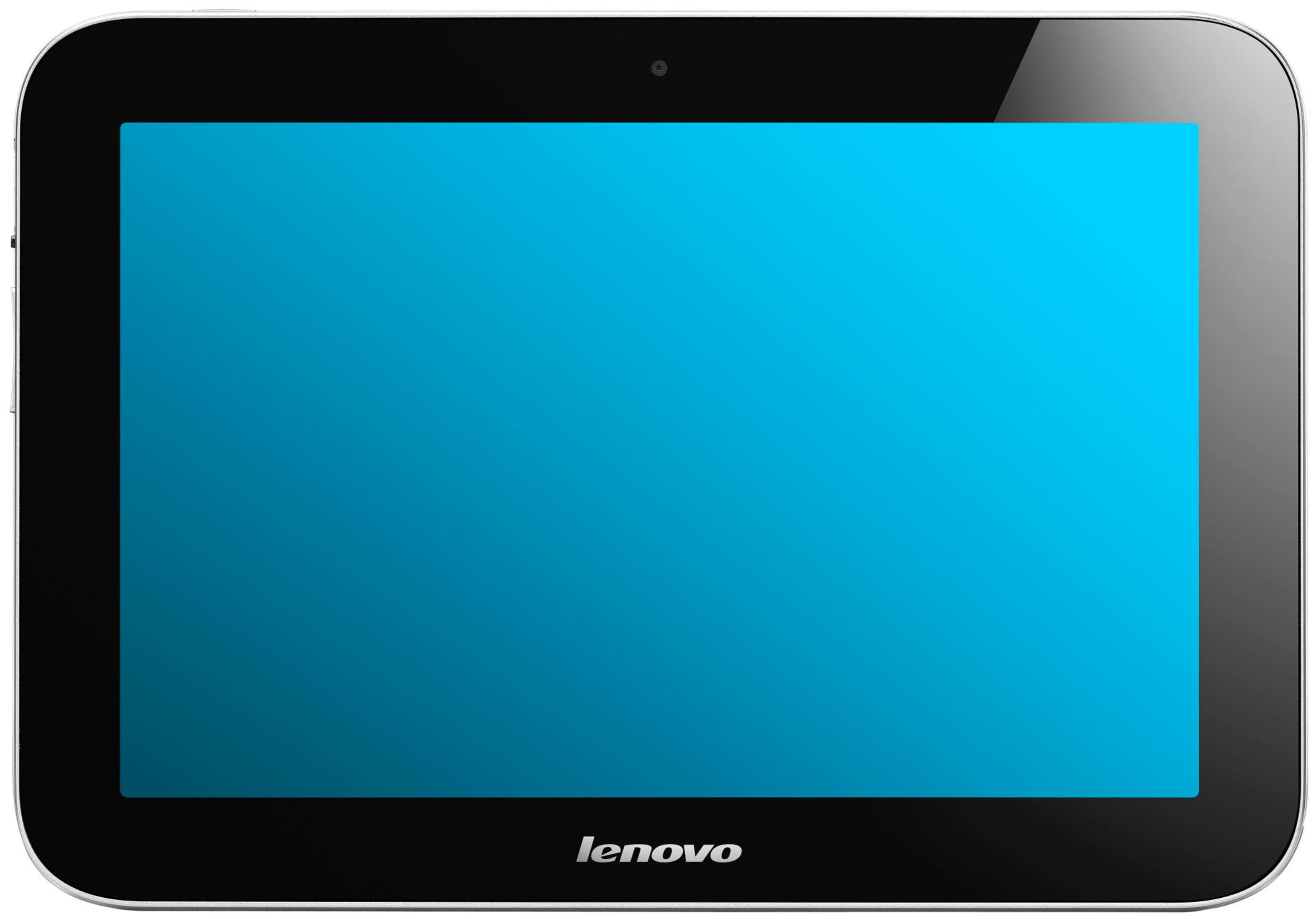 Ein schwarzes Tablet mit blauem Bildschirm und schwarzem Rahmen auf weißem Hintergrund.