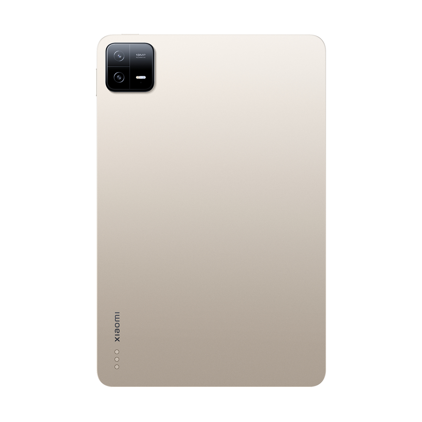 Rückseite eines goldenen Tablets mit Kameramodul, Xiaomi-Logo.