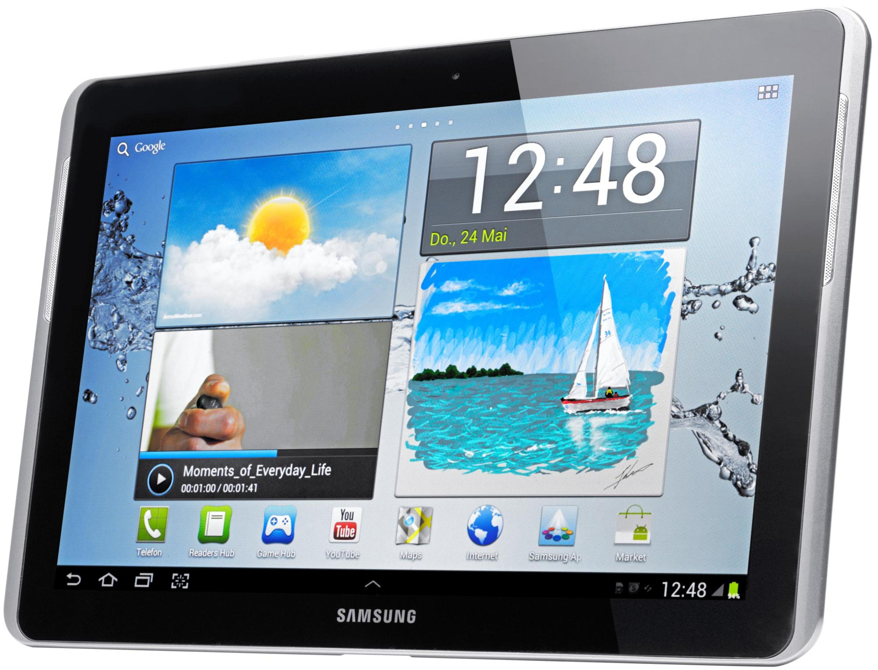 Ein Samsung Tablet-Bildschirm, der Apps, Zeit- und Wetterdetails mit Wassereffekt anzeigt.
