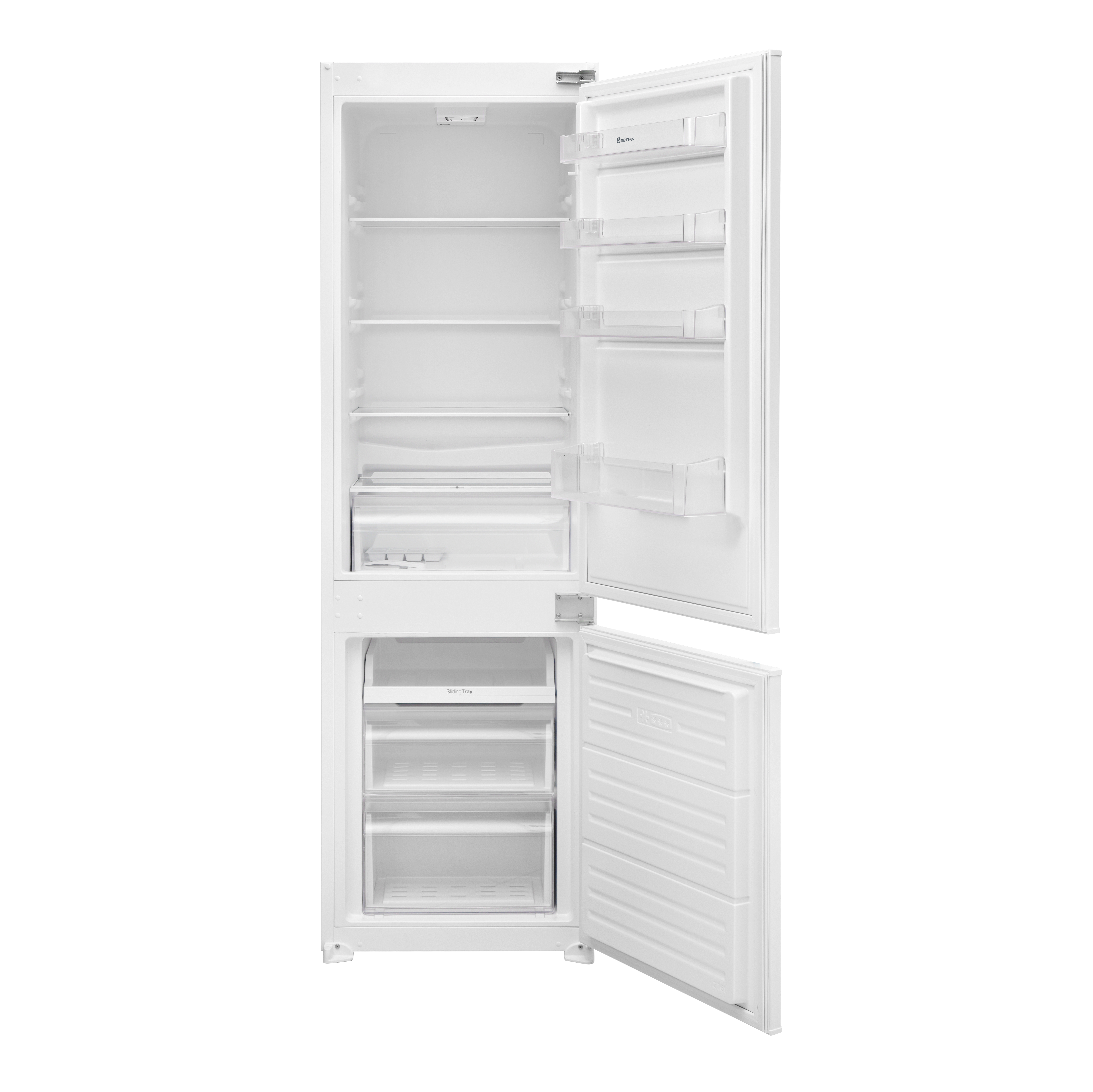 Refrigerador blanco con puertas abiertas. Interior visible, estantes, cajones y fabricador de hielo.