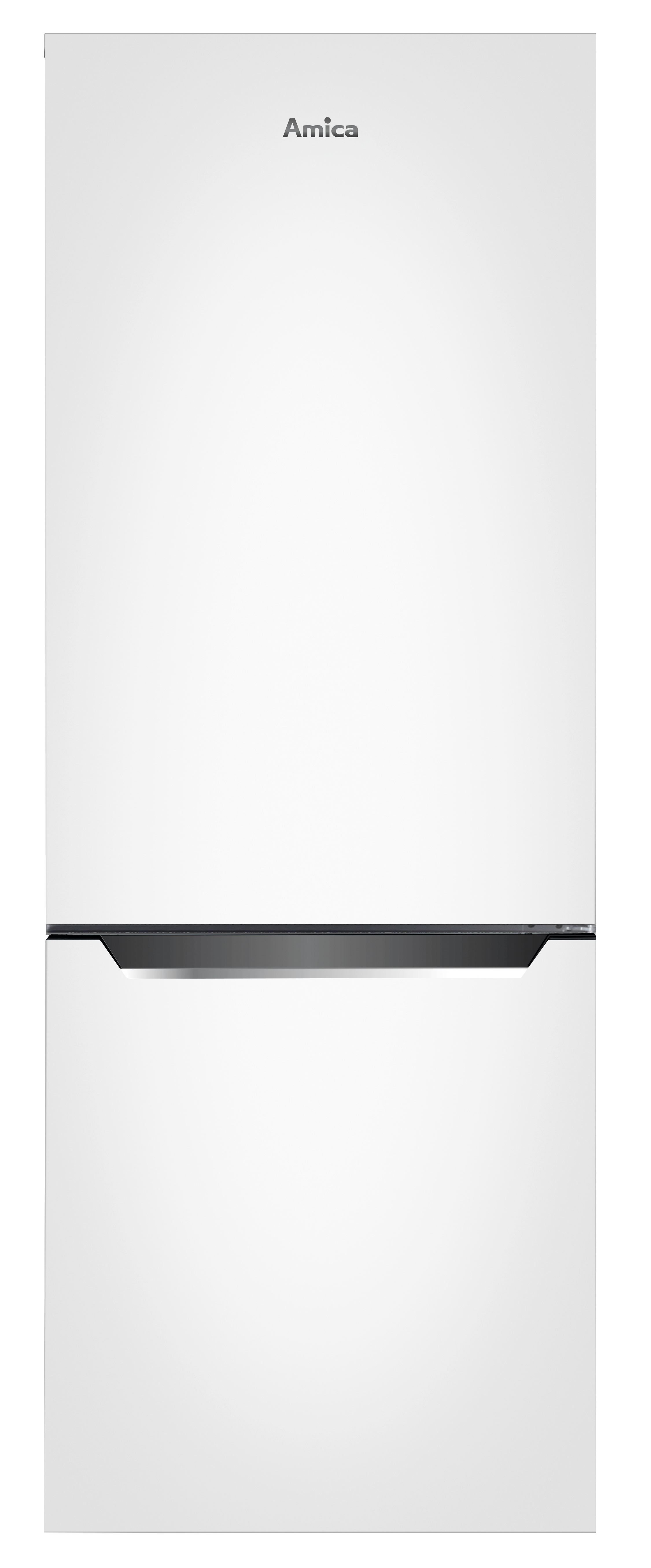 Biała lodówka Amica, zamknięta, z dwudrzwiową konstrukcją, na białym tle.