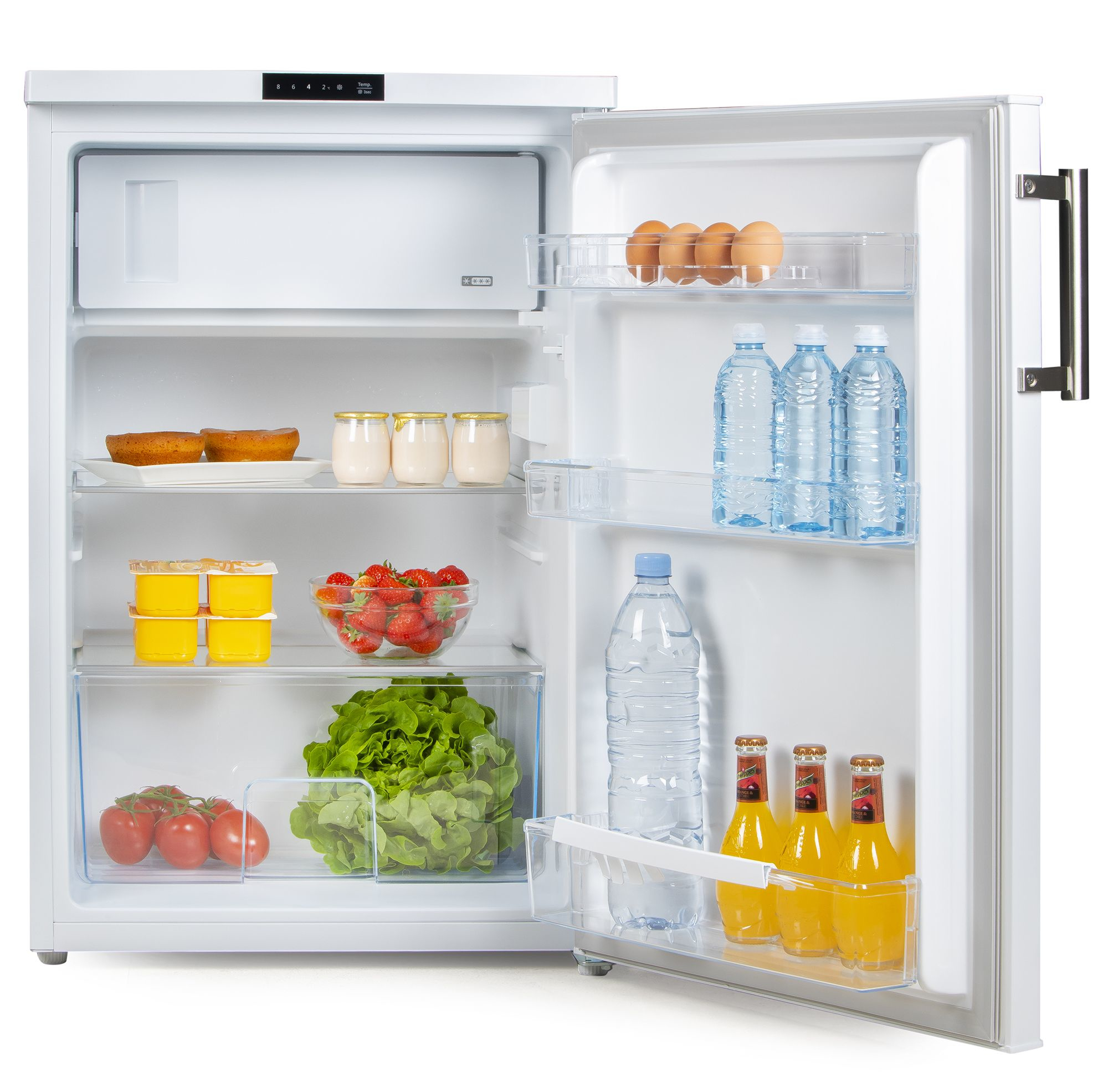 Ein weißer Kühlschrank mit offener Tür, Inhalt: Essen und Getränke. Regale.