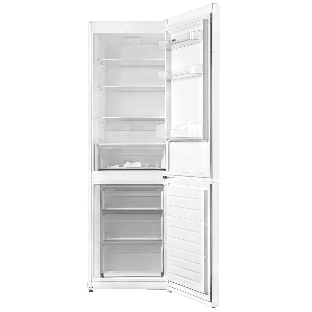 Biała lodówka z otwartymi drzwiami, pokazująca wewnętrzne półki.