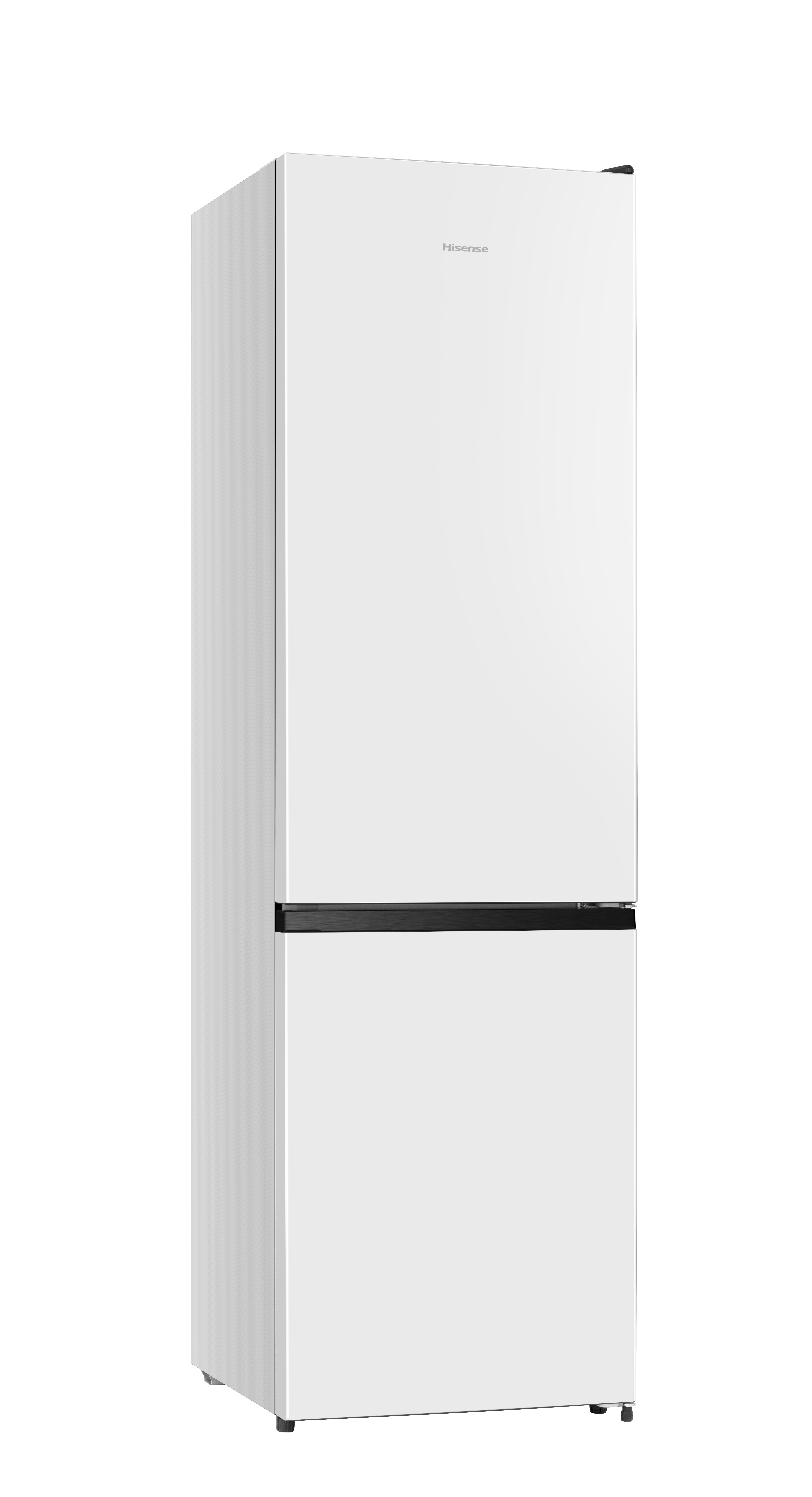 Se muestra un refrigerador Hisense blanco. Tiene un congelador inferior y un diseño alto y elegante. Las puertas están cerradas.