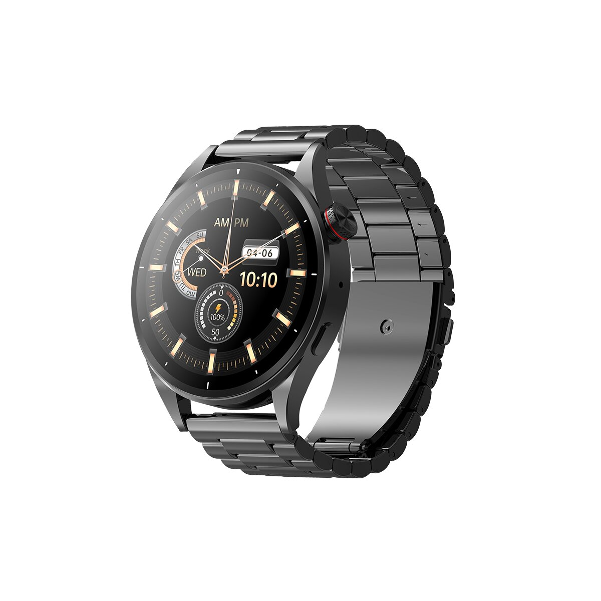 Eine schwarze Smartwatch mit Metallarmband. Der Bildschirm zeigt Datum und Uhrzeit an.