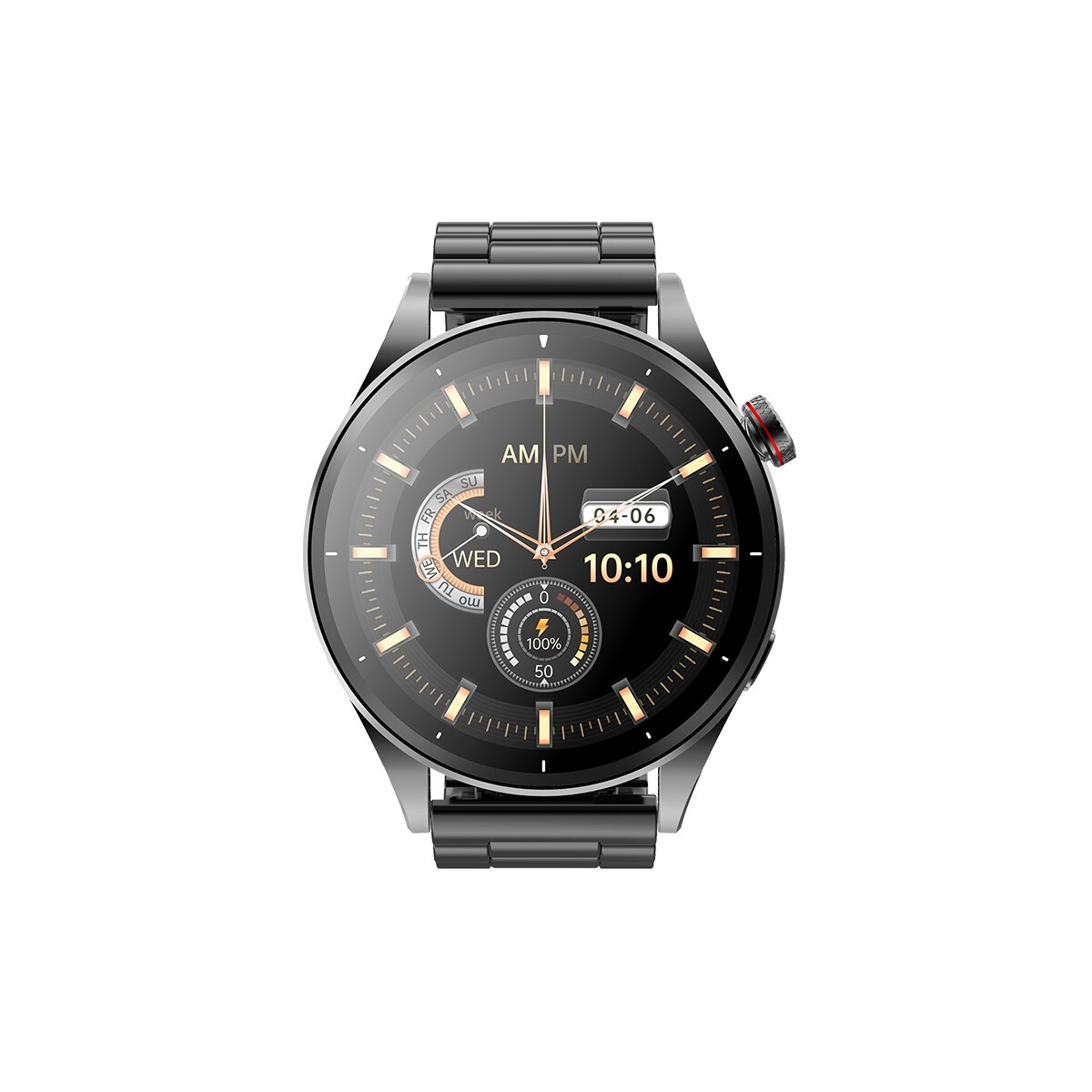 Eine schwarze Smartwatch mit Metallarmband, die die Uhrzeit und andere Metriken anzeigt.