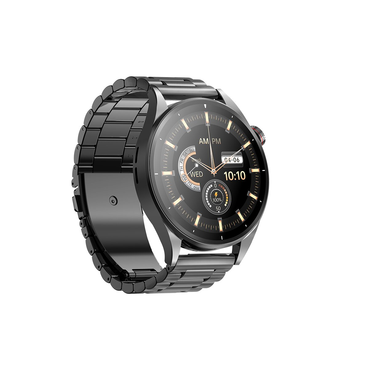 Schwarze Smartwatch mit Metallarmband, Anzeige von Zeit und anderen Daten.
