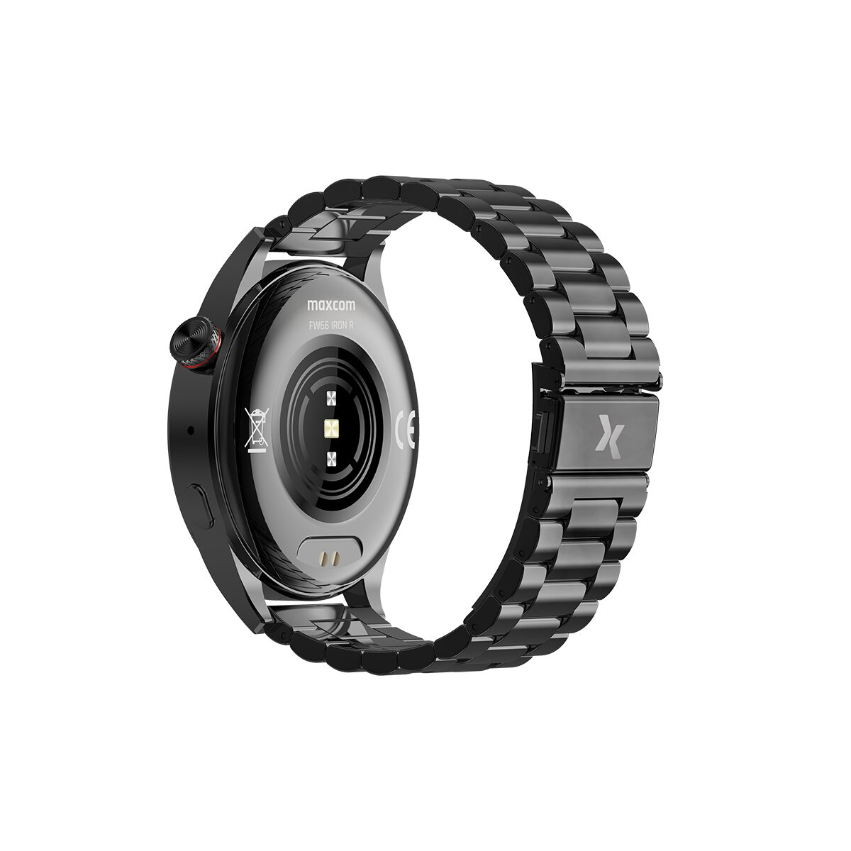 Eine schwarze Smartwatch mit Metallarmband wird in einem Winkel vor einem weißen Hintergrund angezeigt.