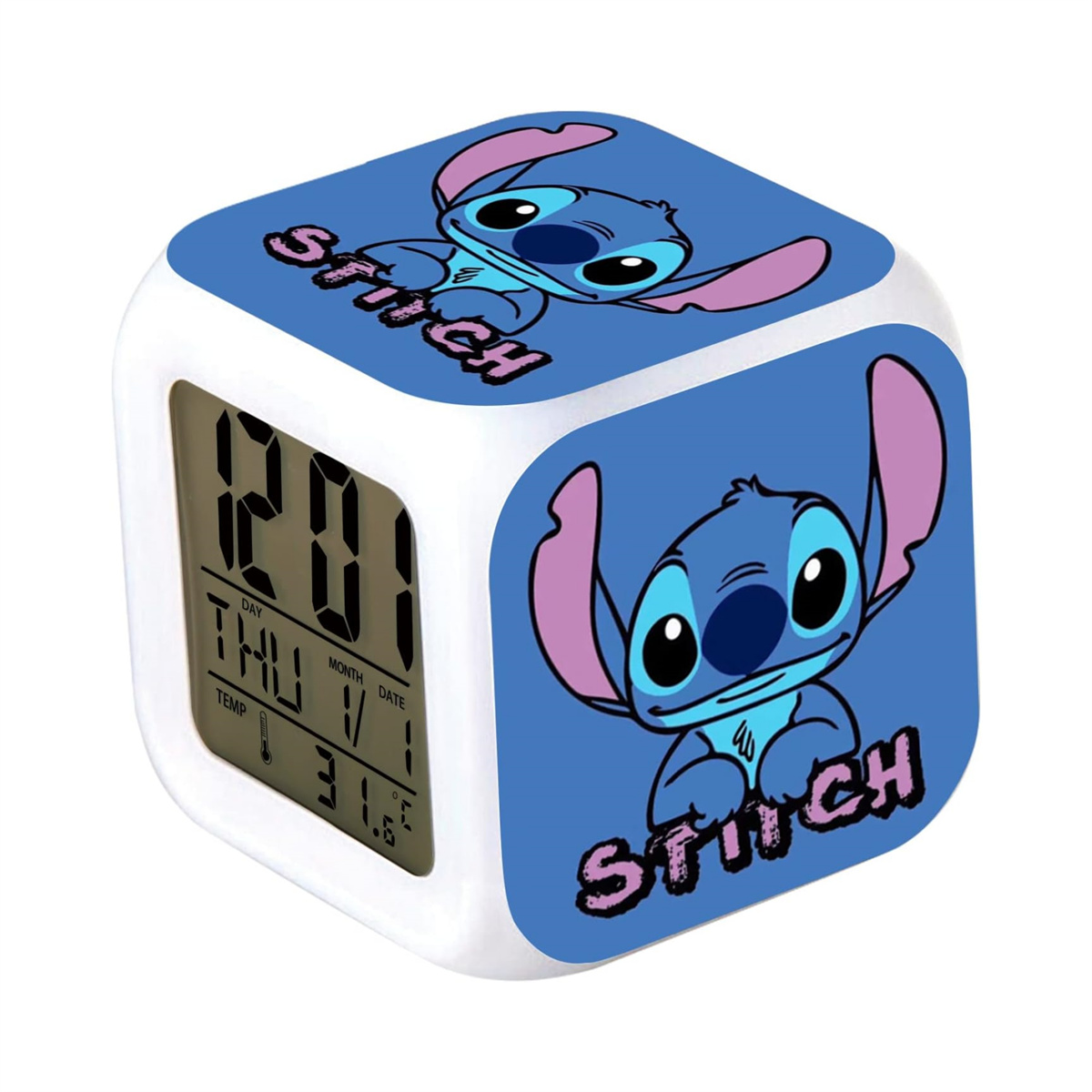 Stitch-Alarmuhr in Würfelform. Die Uhr zeigt Tag, Datum, Uhrzeit und Temperatur an.