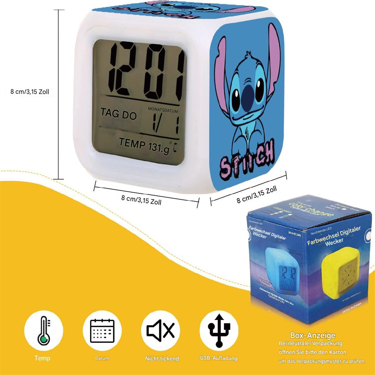 Stitch-Digitalwecker mit Zeitanzeige und kleiner Geschenkbox.