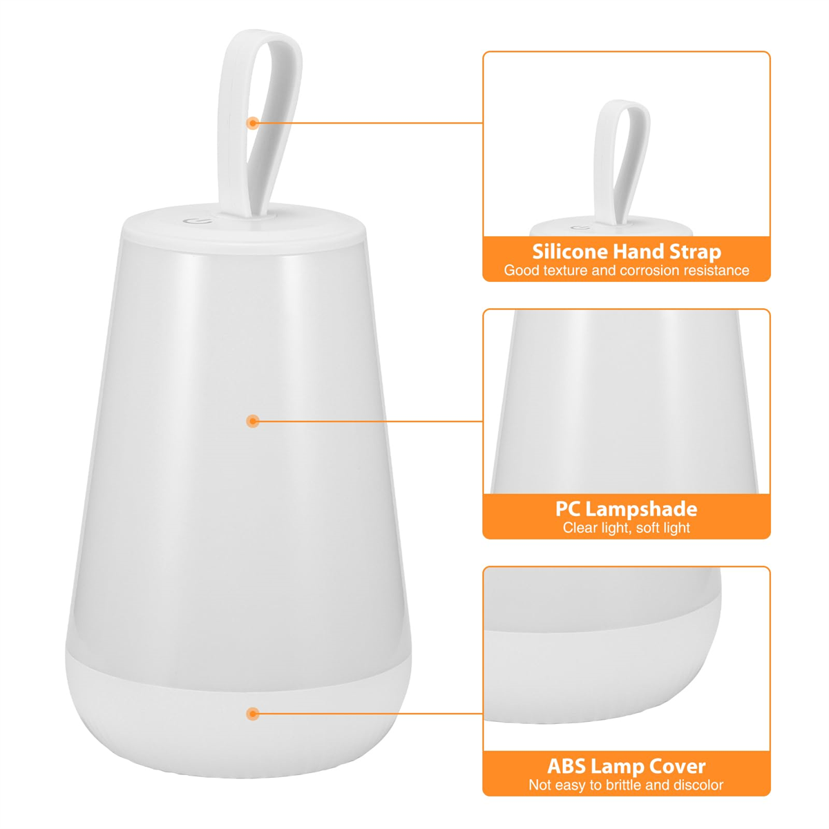 Weiße Lampe mit Griff. Abschnitte zeigen Handschlaufe, Lampenschirm und Lampenabdeckung.