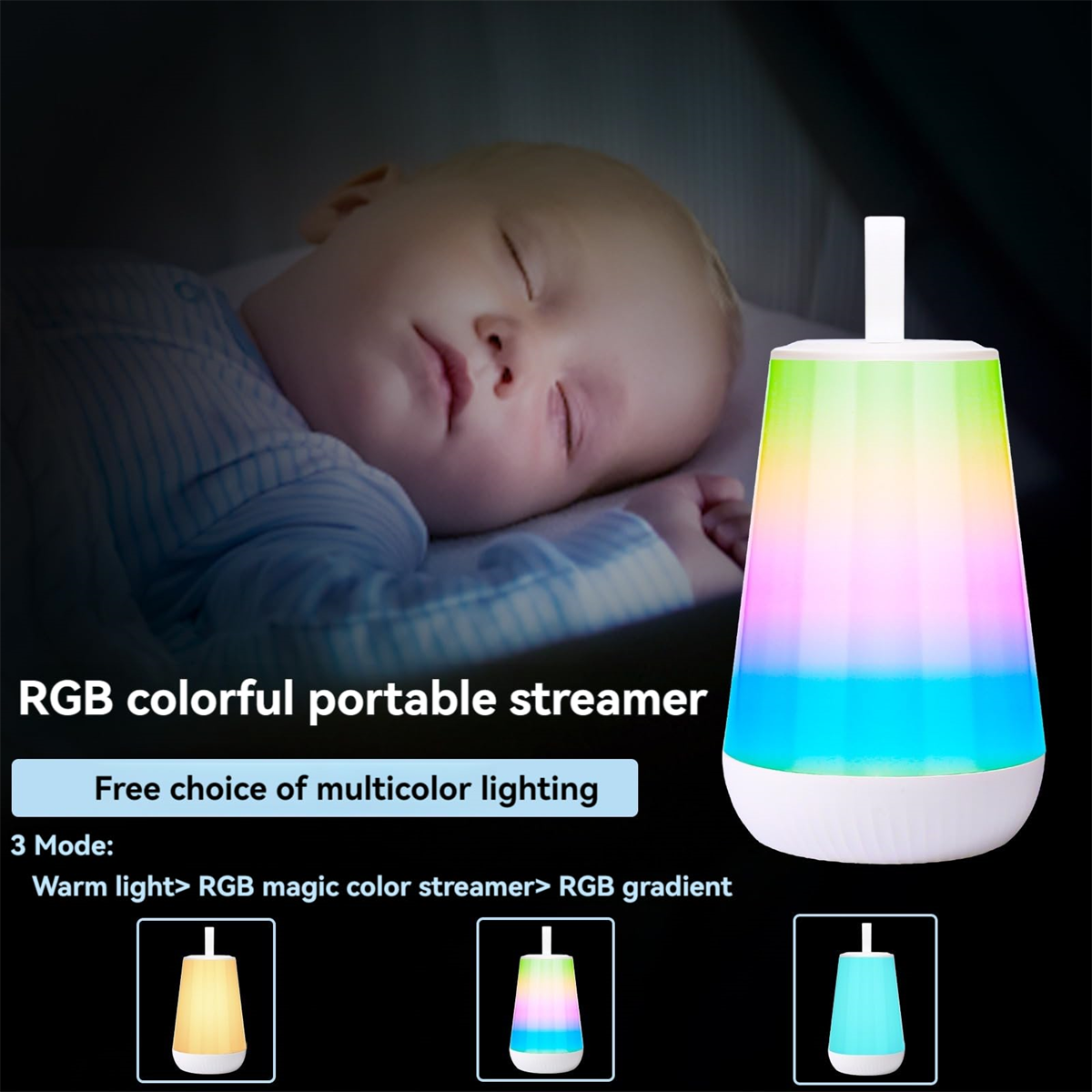 Schlafendes Baby mit einer bunten RGB-Streamer-Lampe.