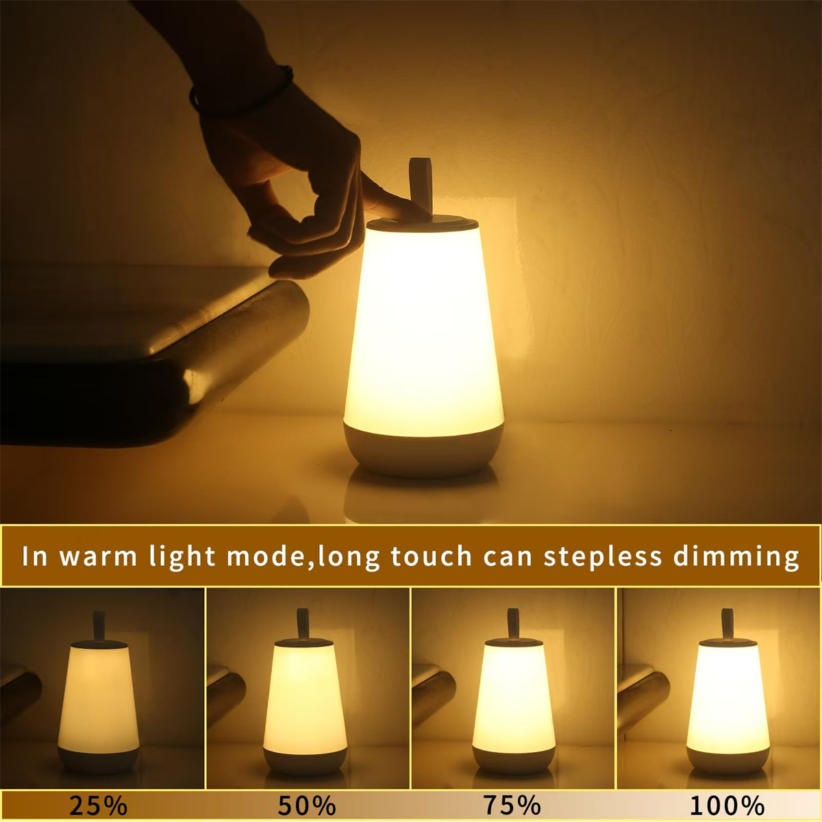 Eine weiße Lampe wird beleuchtet, mit einer Hand, die die Oberseite berührt.