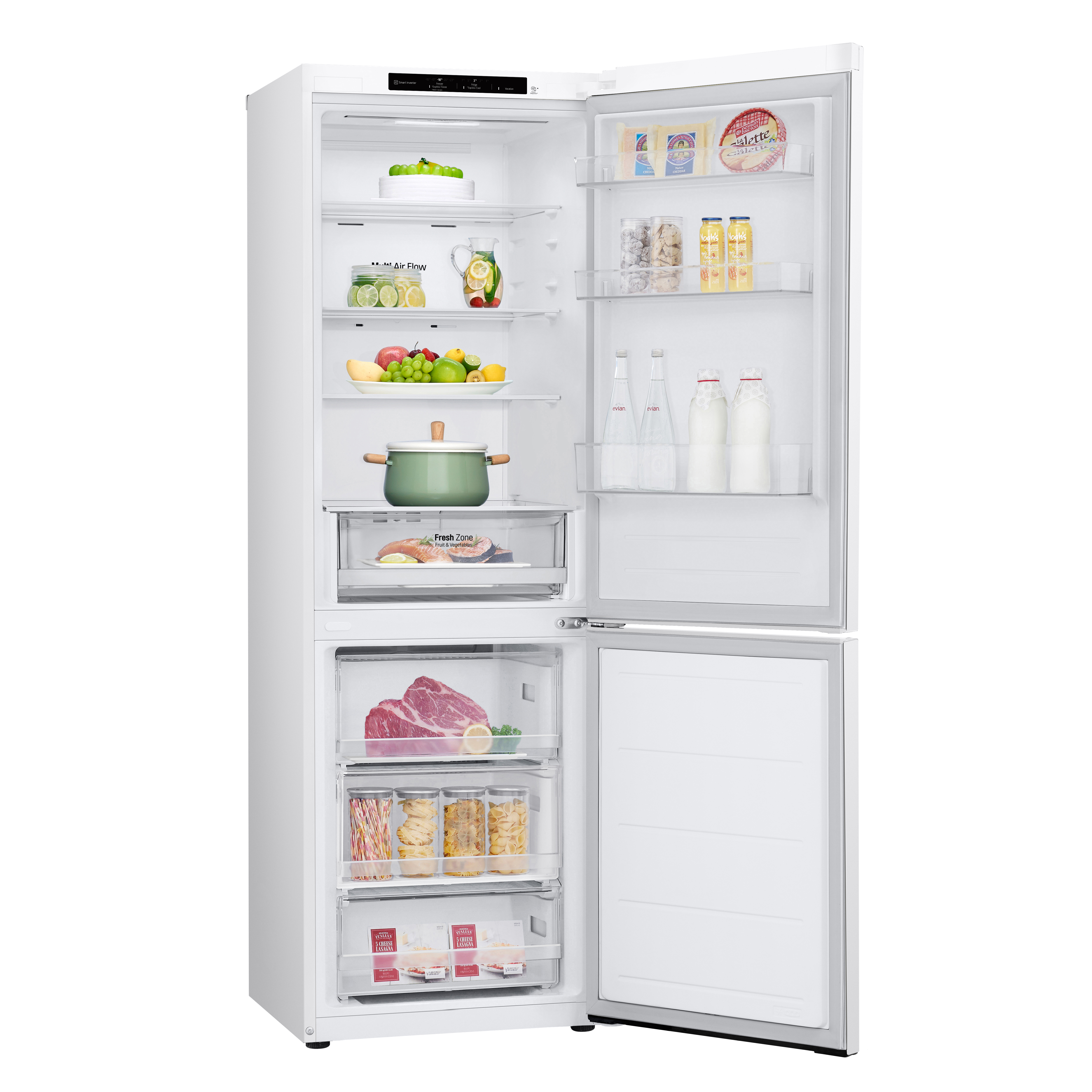 Otwarta biała lodówka z jedzeniem w środku. Posiada półki z owocami, warzywami i innymi produktami.