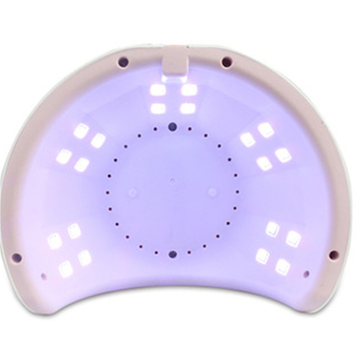 Draufsicht auf eine hellrosa UV-LED-Nagellampe mit vielen kleinen weißen Lichtern.