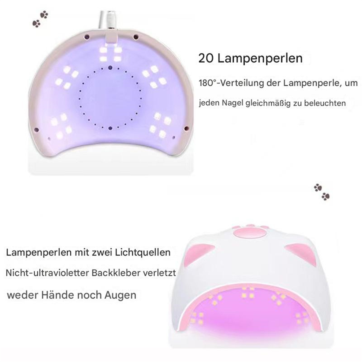 Weiße UV-Nagellampe. Text auf Deutsch. Zwei kleine Katzenpfoten-Icons.