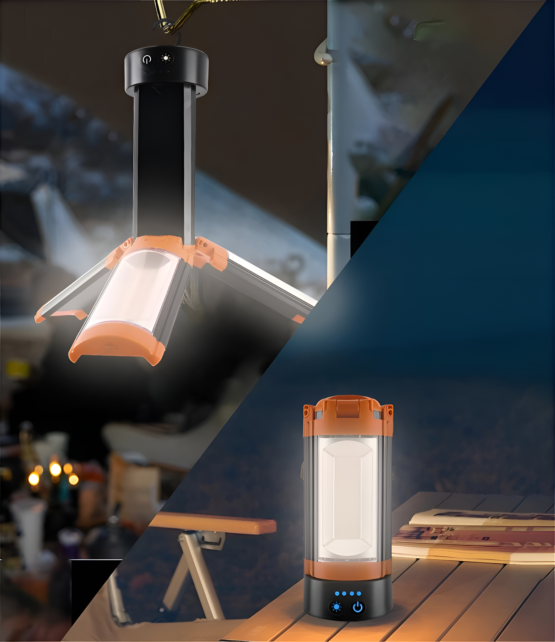 Eine Laterne mit schwarzem Oberteil, orangefarbenen Akzenten und einer klaren Lichtfläche. Dunkle Umgebung.