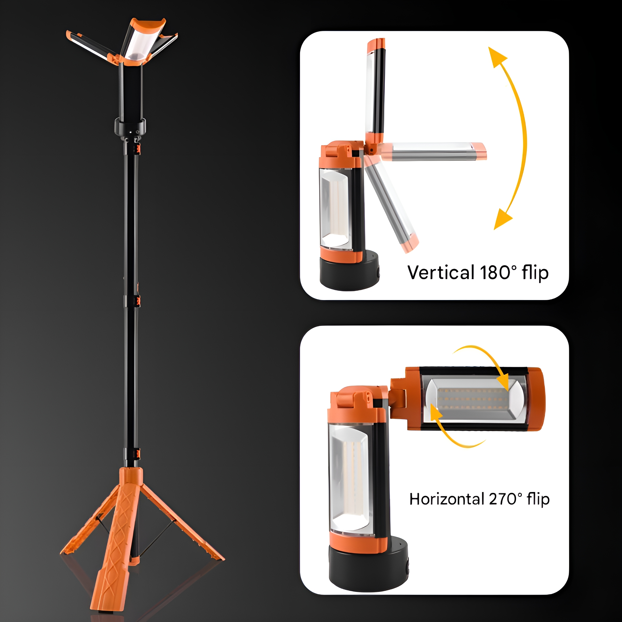Eine schwarz-orange Arbeitsleuchte auf einem Stativ, mit Diagrammen ihrer Drehfunktionen.