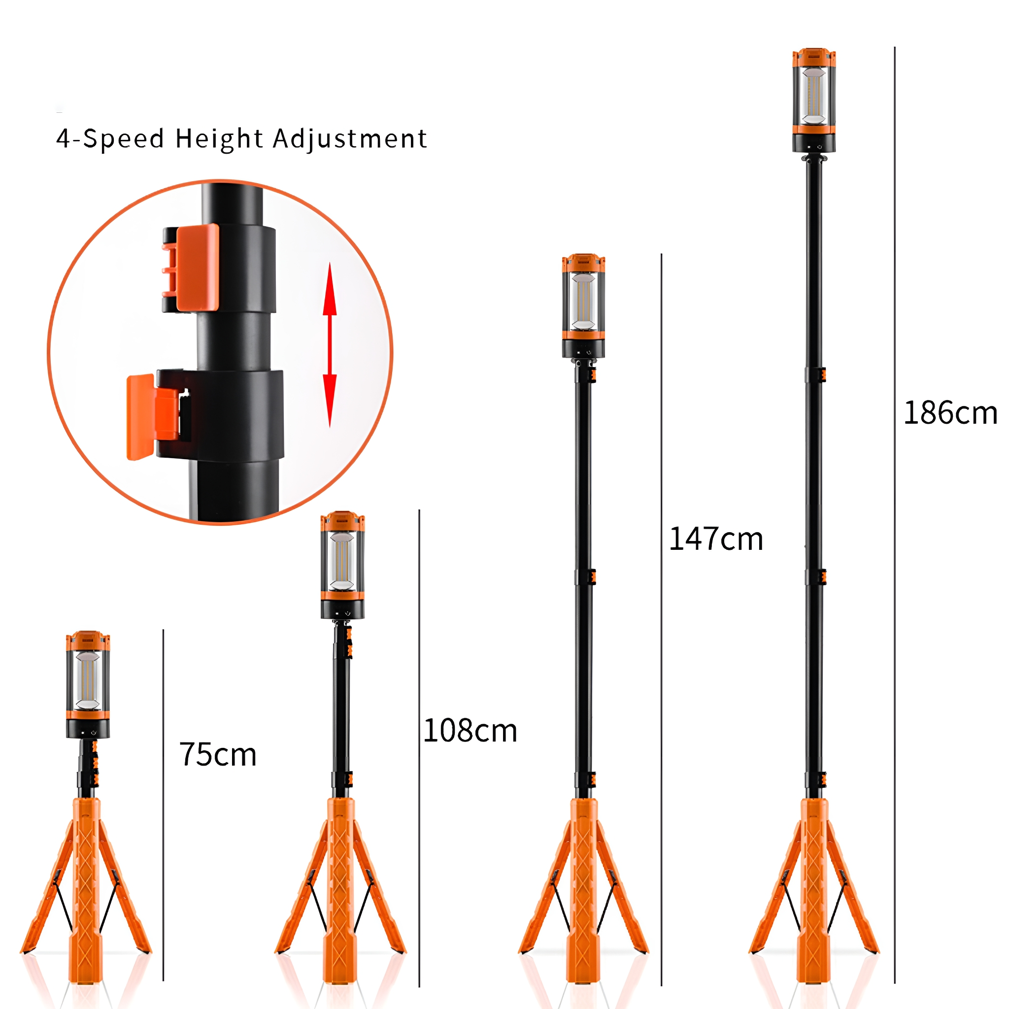 Vier verstellbare Arbeitsleuchten in verschiedenen Höhen. Höhen sind 75cm, 108cm, 147cm, und 186cm.
