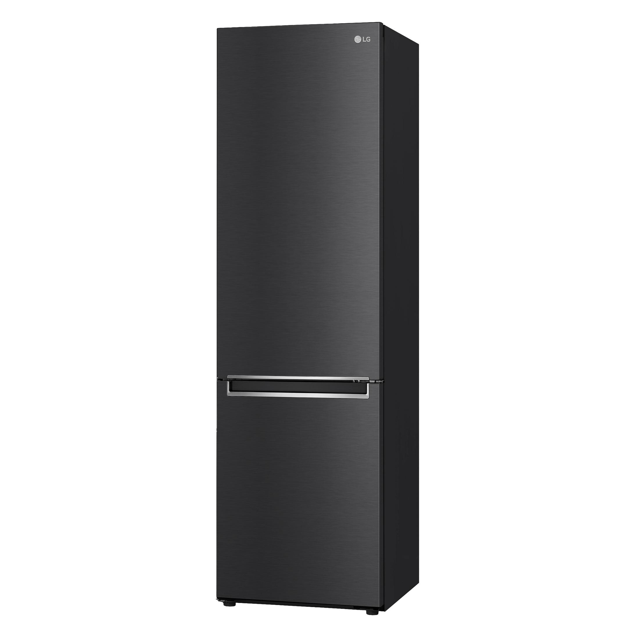 Ein schwarzer LG-Kühlschrank mit Gefrierfach unten. Er hat einen silbernen Griff und ein schlankes Design.