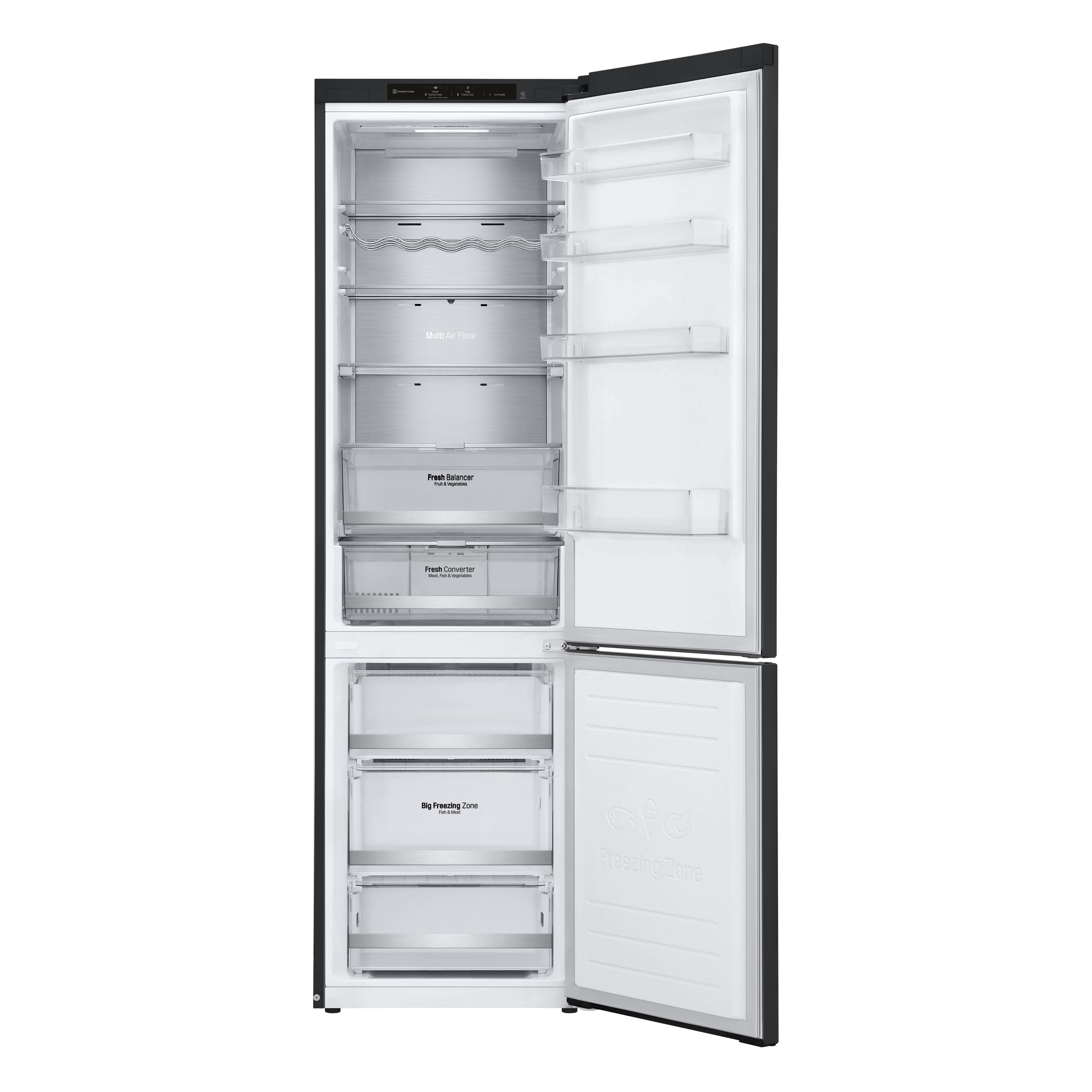 Schwarzer Kühlschrank mit geöffneten Türen, die Regale und Fächer zeigen.