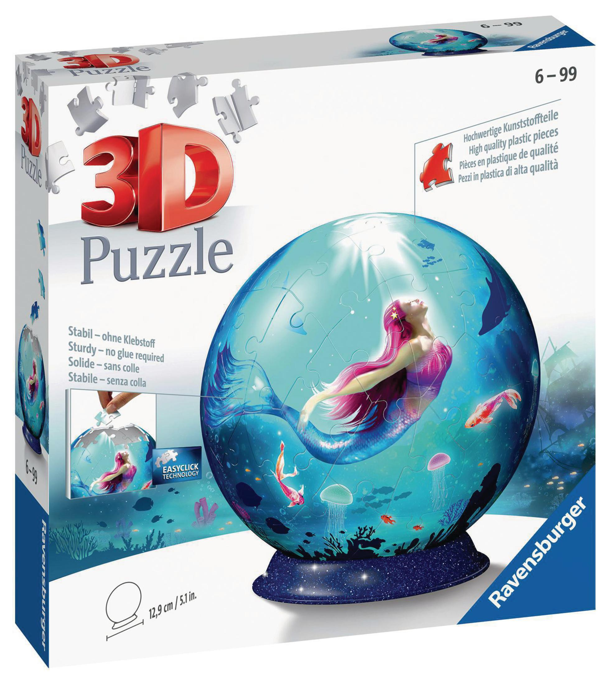 Eine 3D-Puzzle-Box, die eine Meerjungfrau in einer Ozeanszene mit Fischen auf blauem Sockel zeigt.
