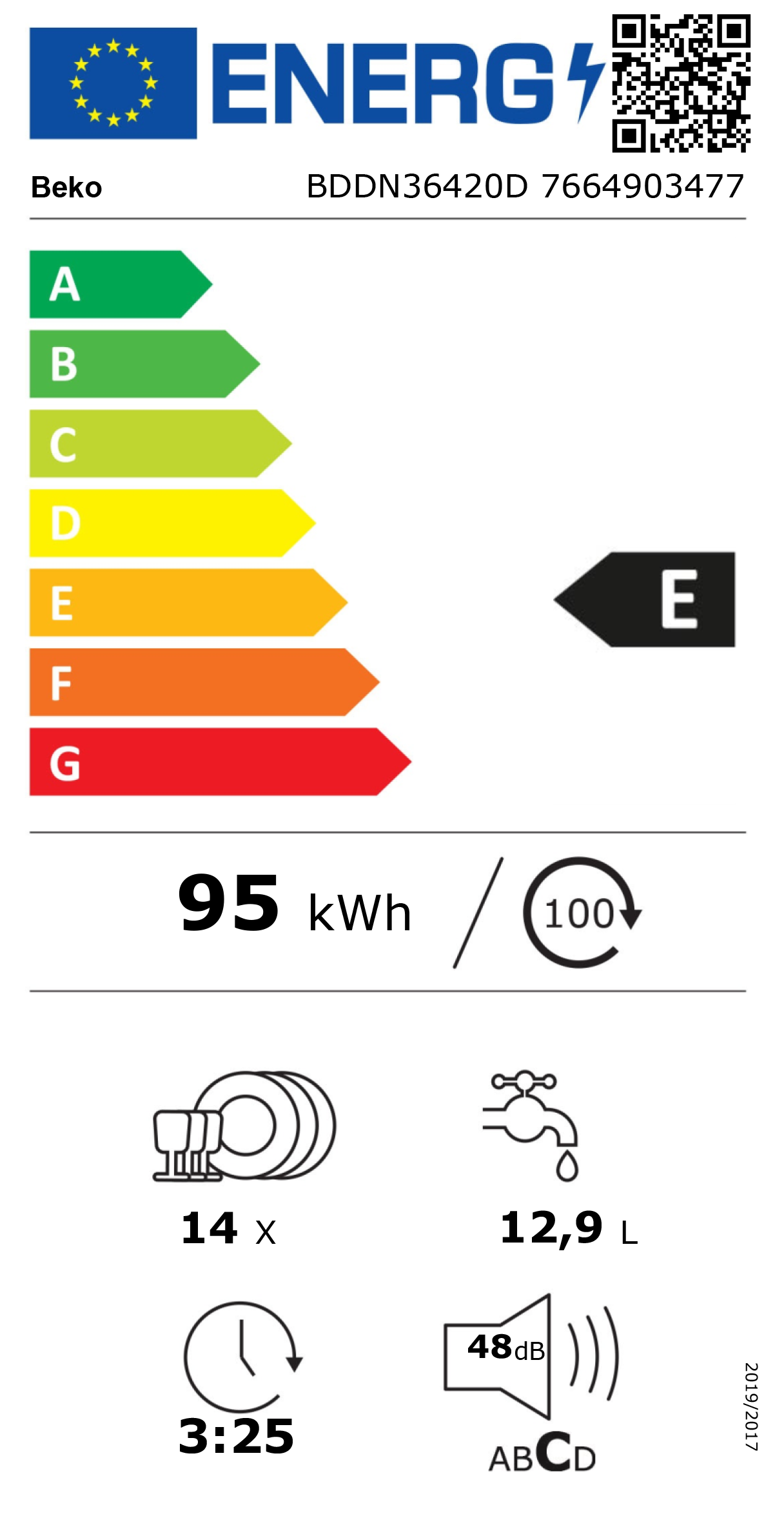 Etichetta energetica per frigorifero Beko con classe E e 95 kWh/100.
