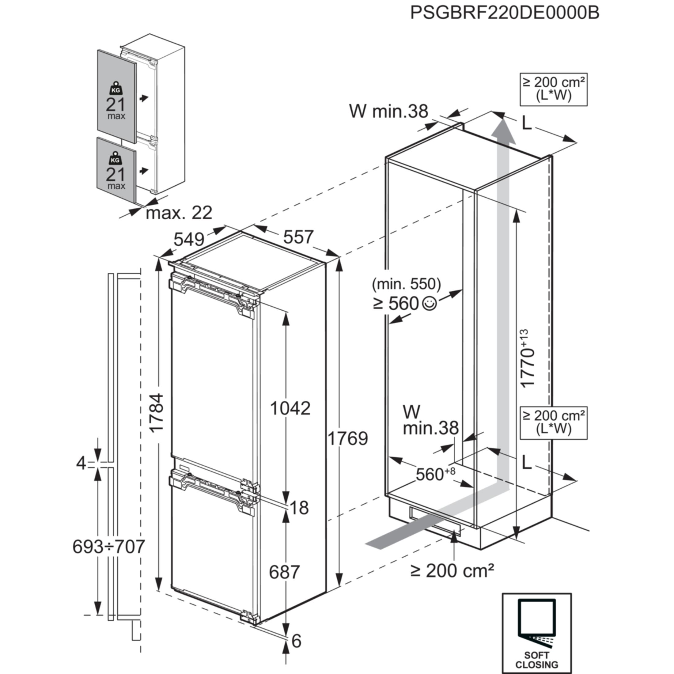 Diagramm eines Kühlschranks mit Maßen. Weißer Hintergrund.