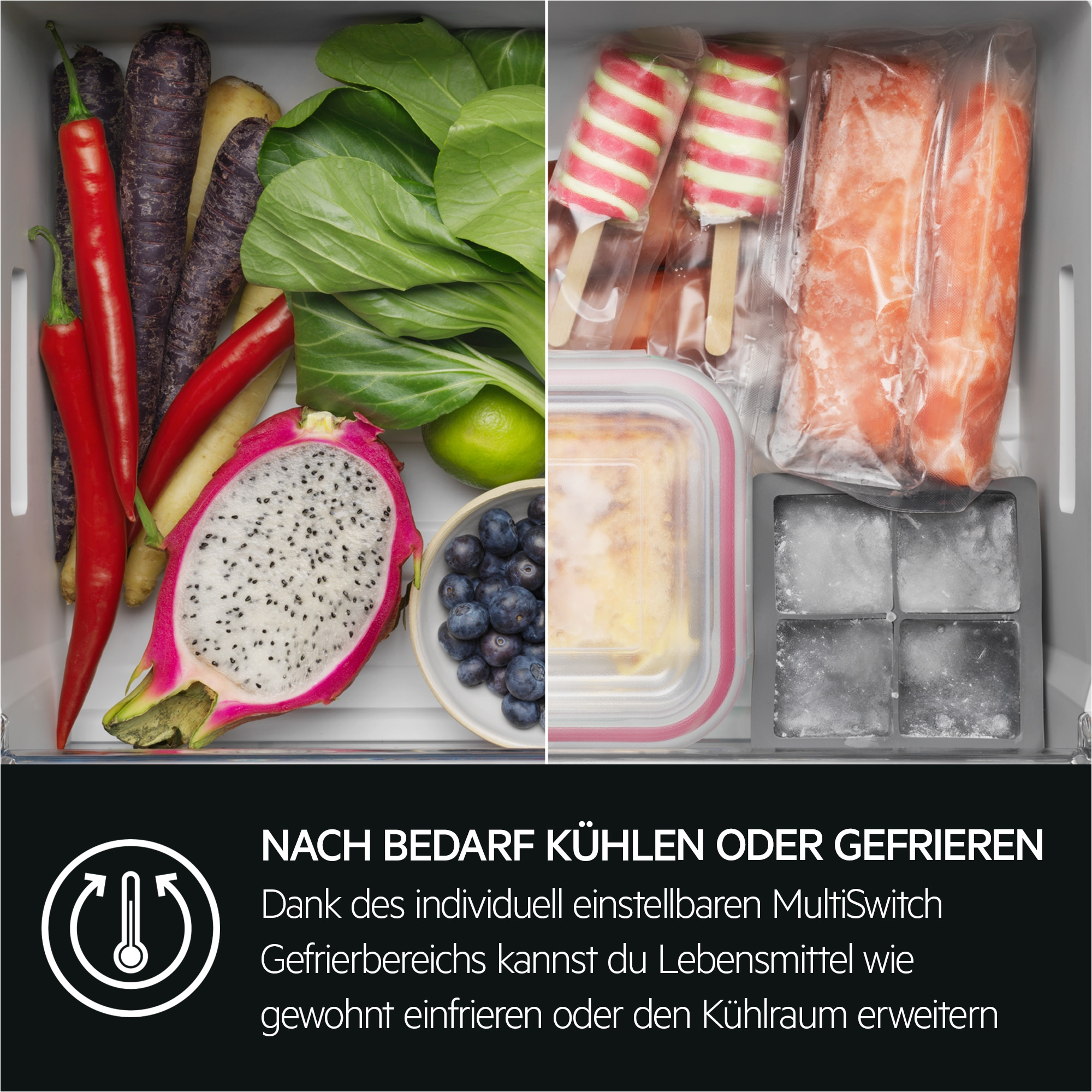 Ein Kühlschrankinnenraum mit verschiedenen Lebensmitteln, einschließlich frischer und gefrorener Artikel.